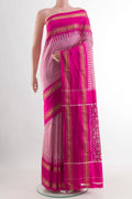 Pink Pochampally Silk Saree with Checked design on the body and Zari Border.  displayed on a mannequin