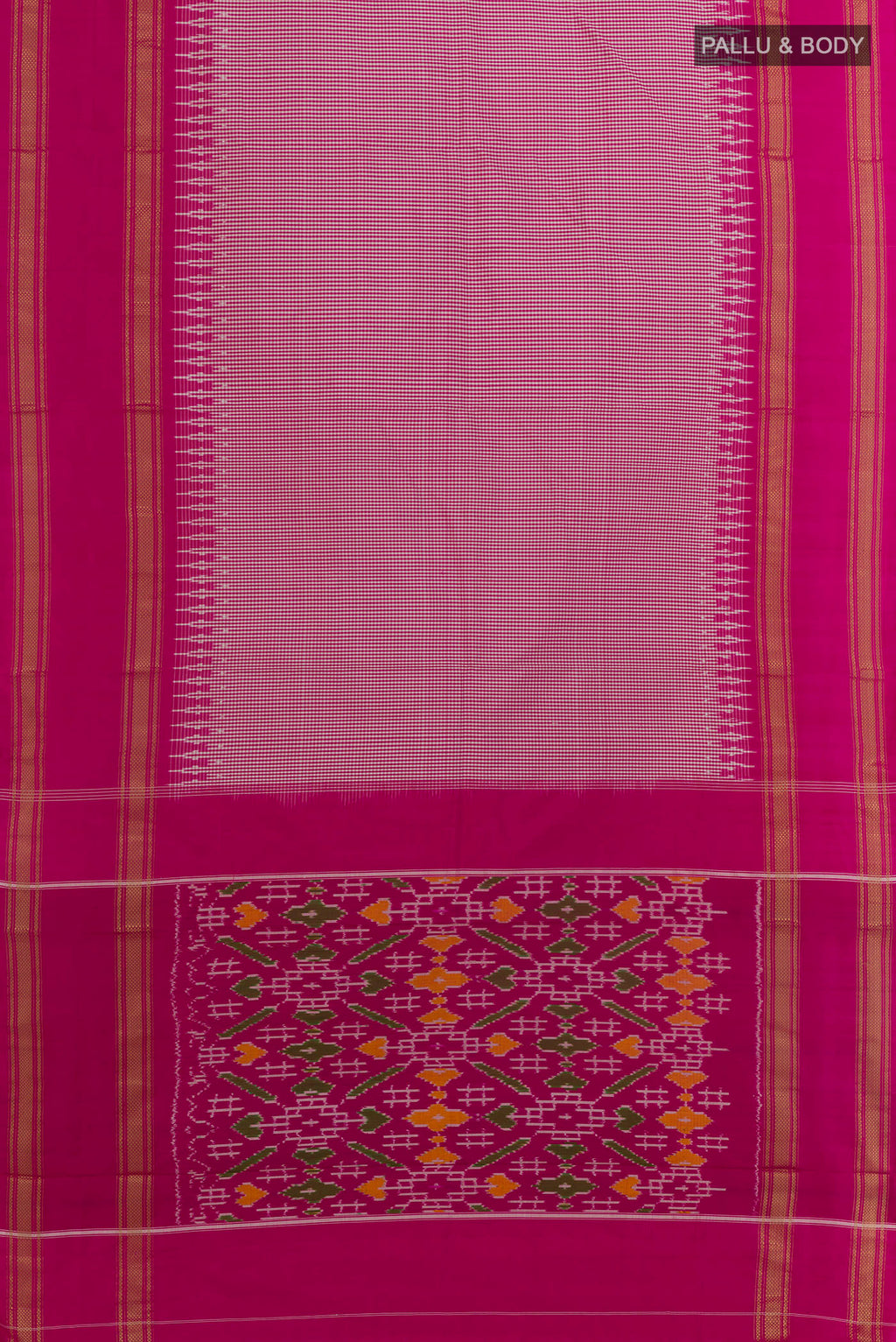 Flat view of Pink Pochampally Silk Saree with Checked design on the body and Zari Border. 
