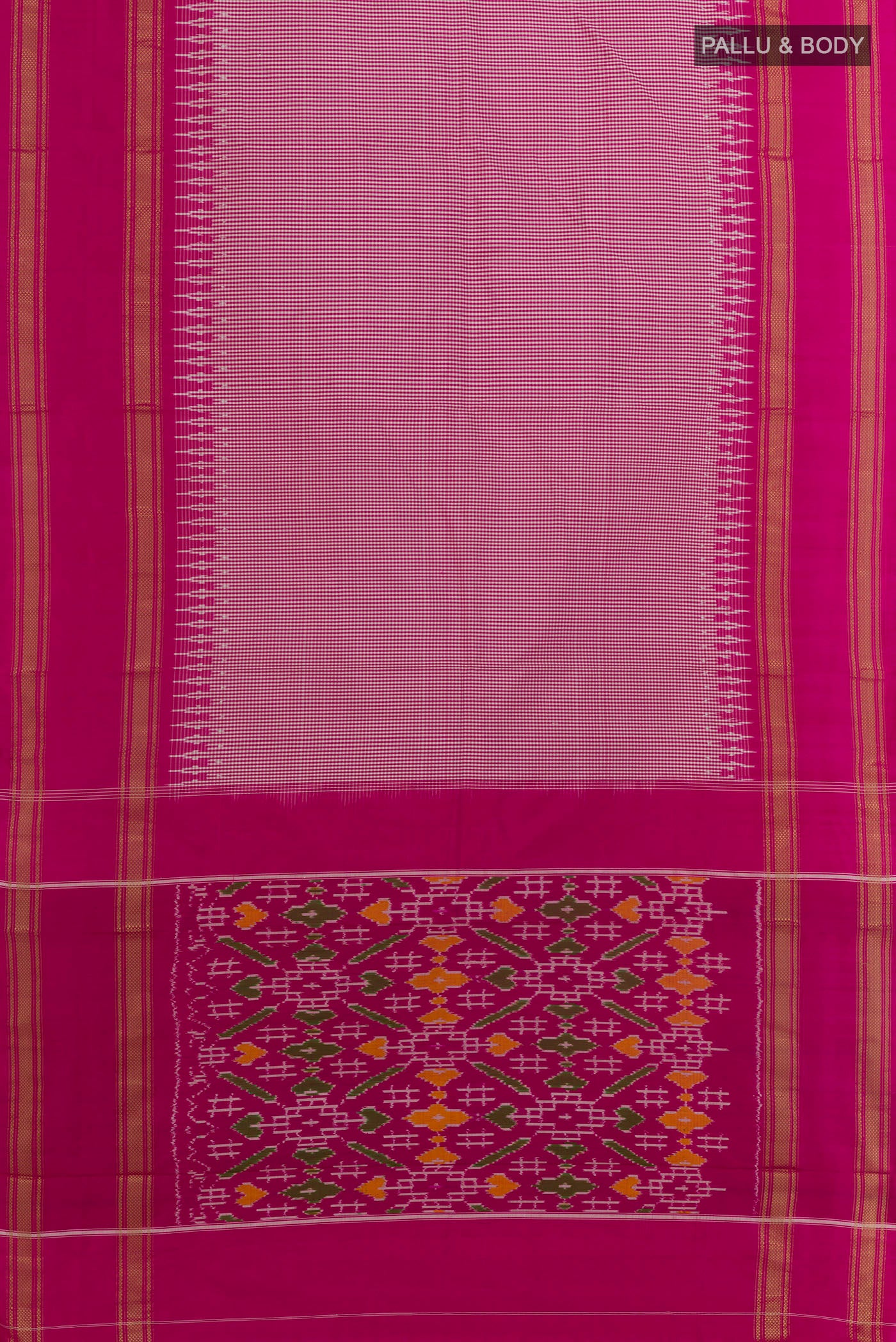 Flat view of Pink Pochampally Silk Saree with Checked design on the body and Zari Border. 