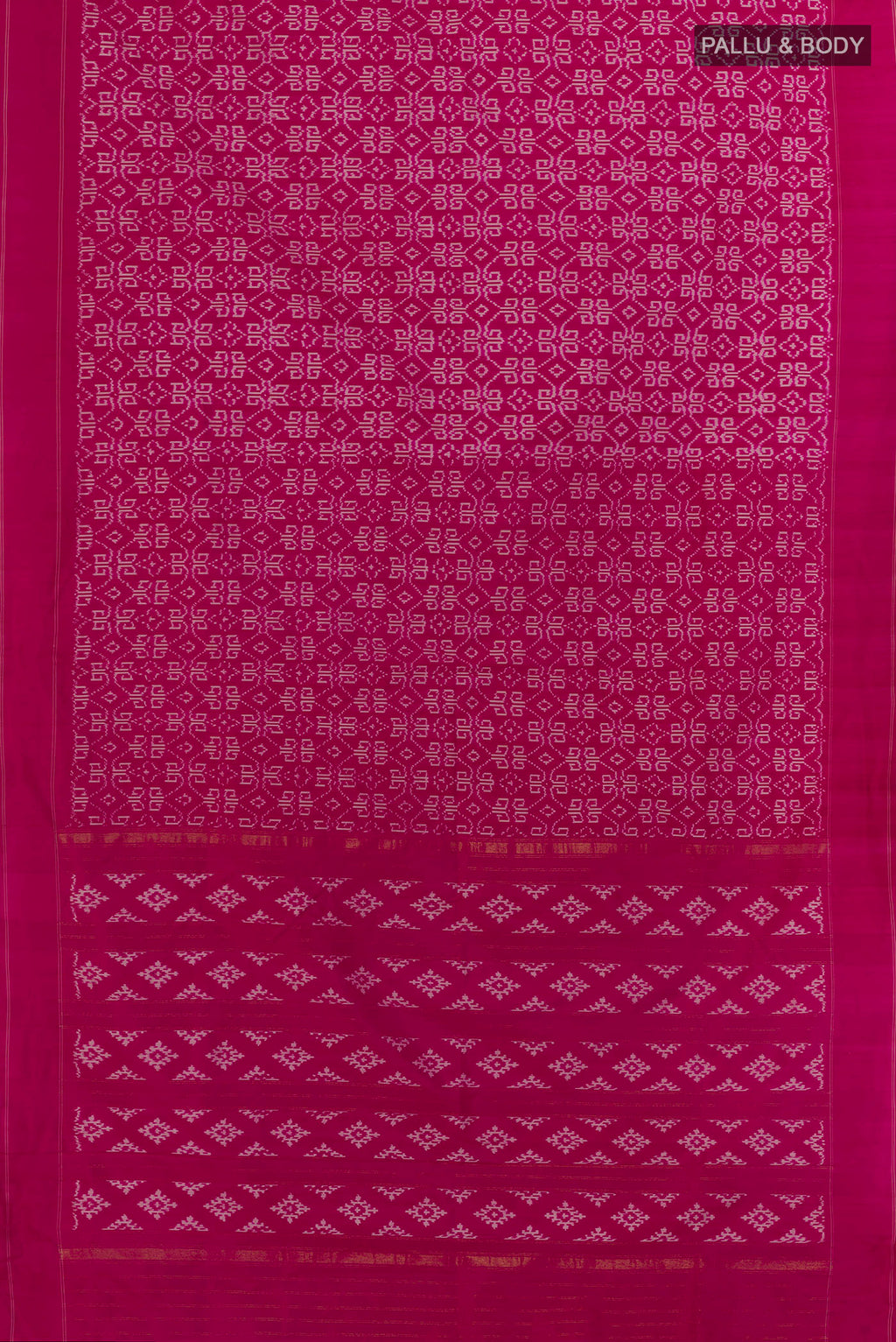 Flat view of Rani Pink Pochampally Silk Saree with Ikat design on the body and Plain Border. 