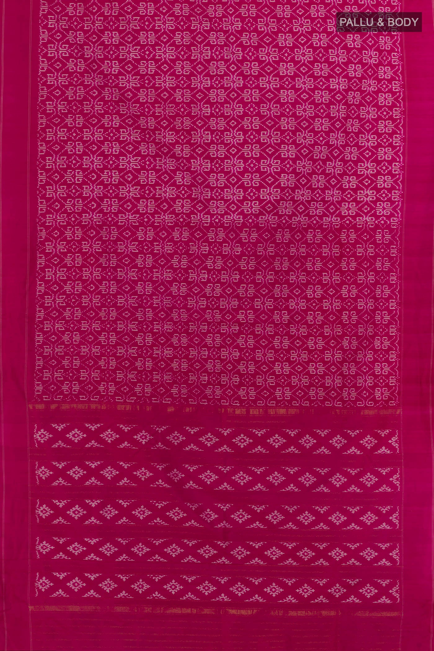 Flat view of Rani Pink Pochampally Silk Saree with Ikat design on the body and Plain Border. 
