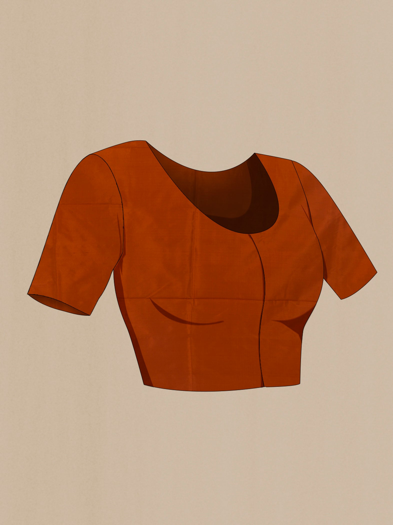 Close up image of the blouse of Rust Pochampally Silk Saree with Ikat design on the body and Plain Border. 