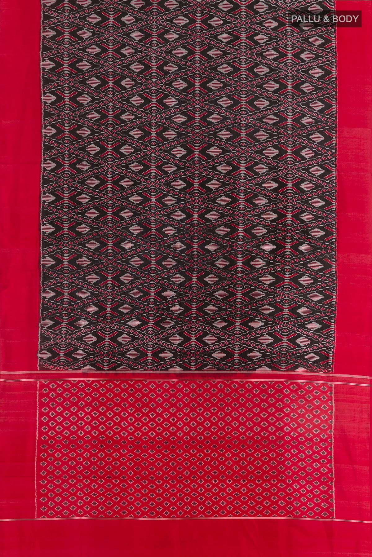 Flat view of Black Pochampally Silk Saree with Pure Ikat on the body and Plain Border. 