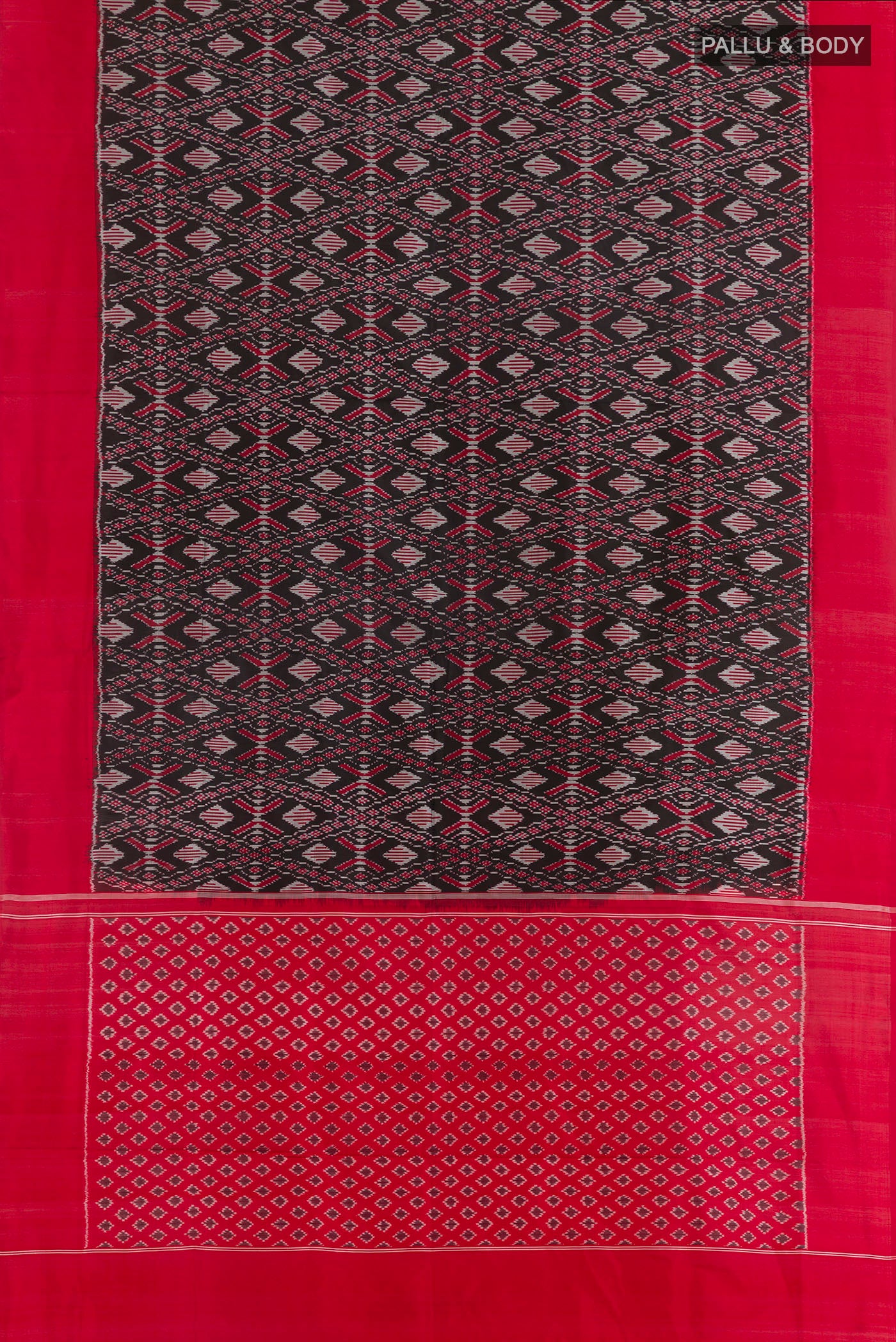 Flat view of Black Pochampally Silk Saree with Pure Ikat on the body and Plain Border. 