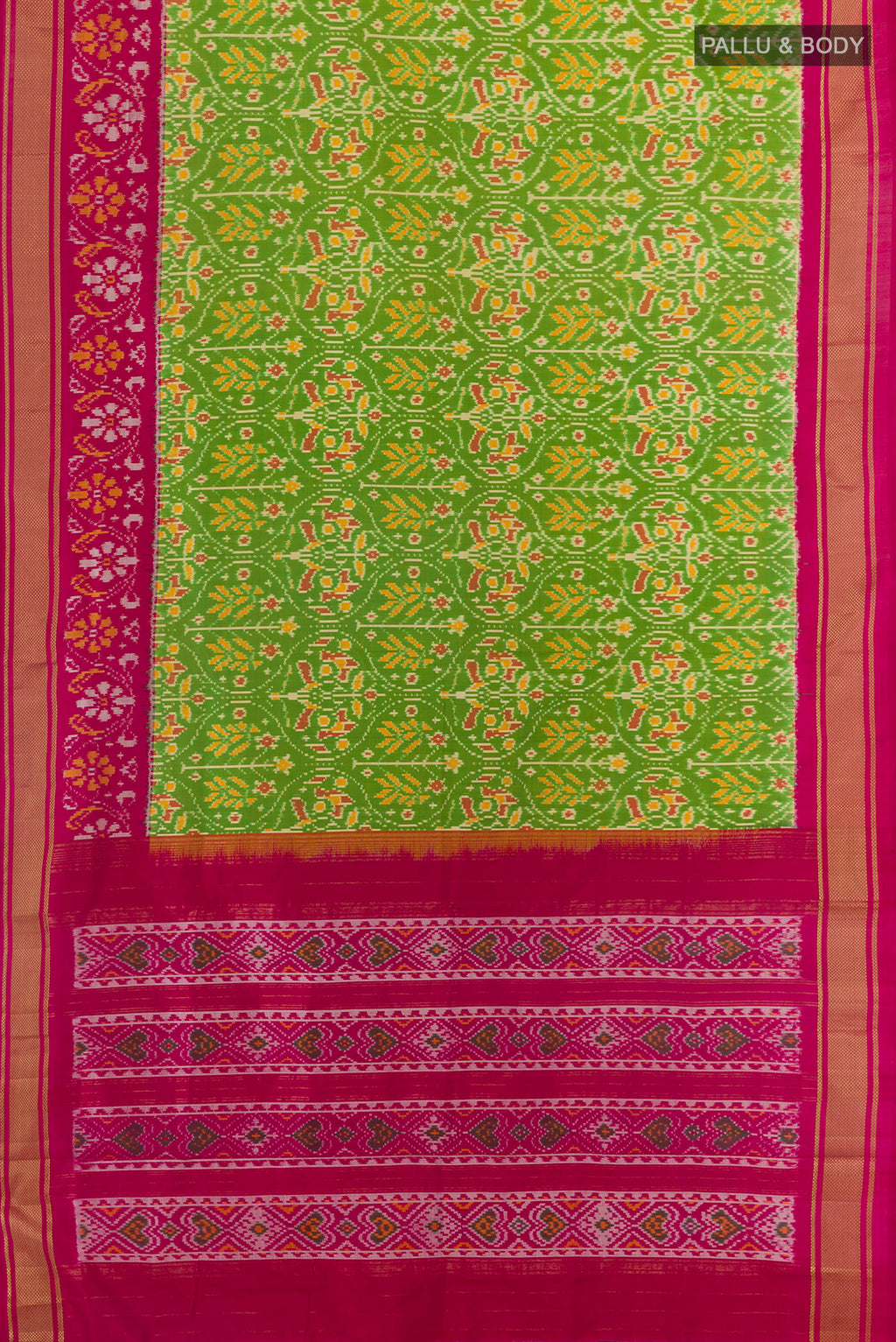 Flat view of Green Pochampally Silk Saree with Pure Ikat on the body and Zari Border. 