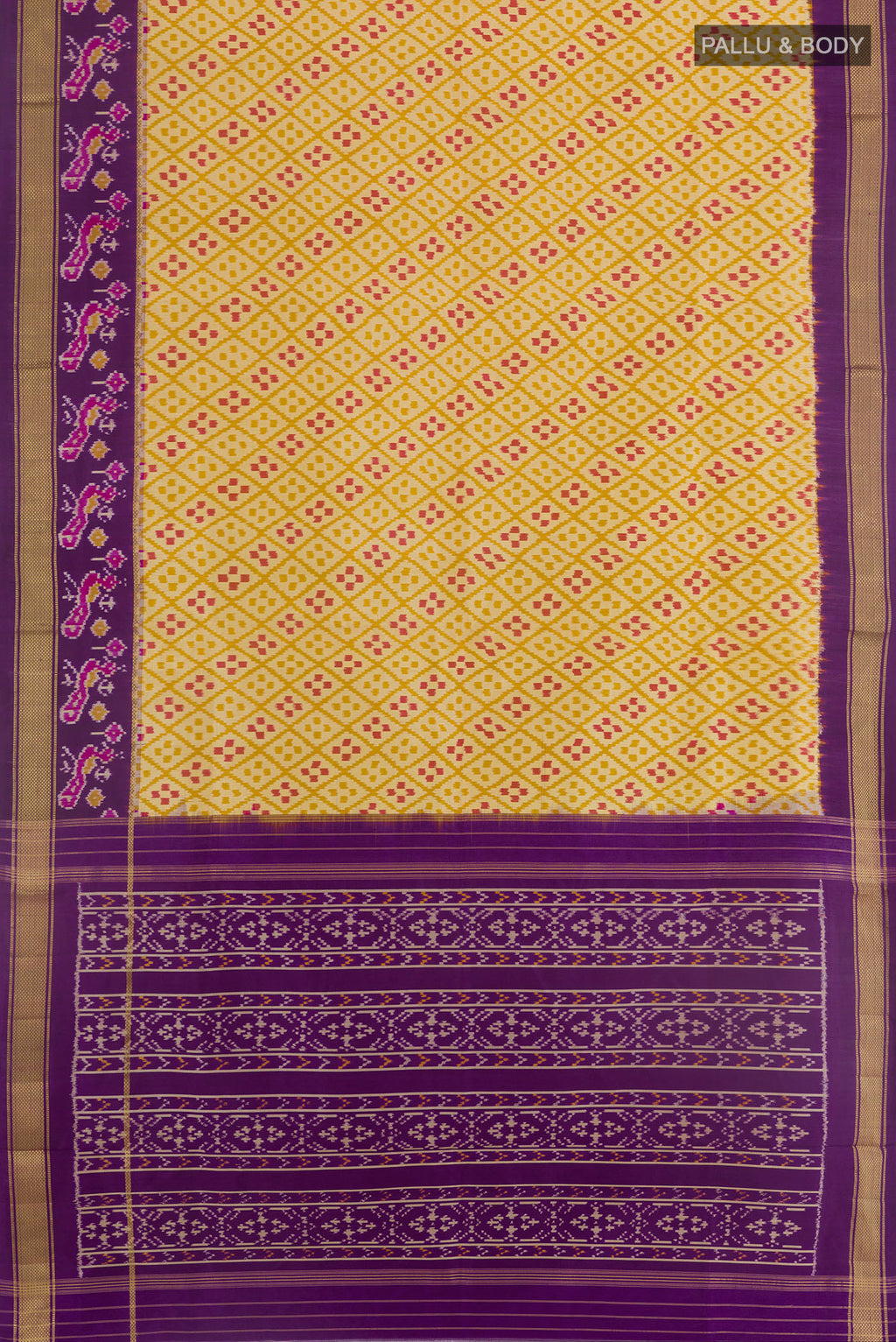 Flat view of Yellow Pochampally Silk Saree with Pure Ikat on the body and Ikat Border. 