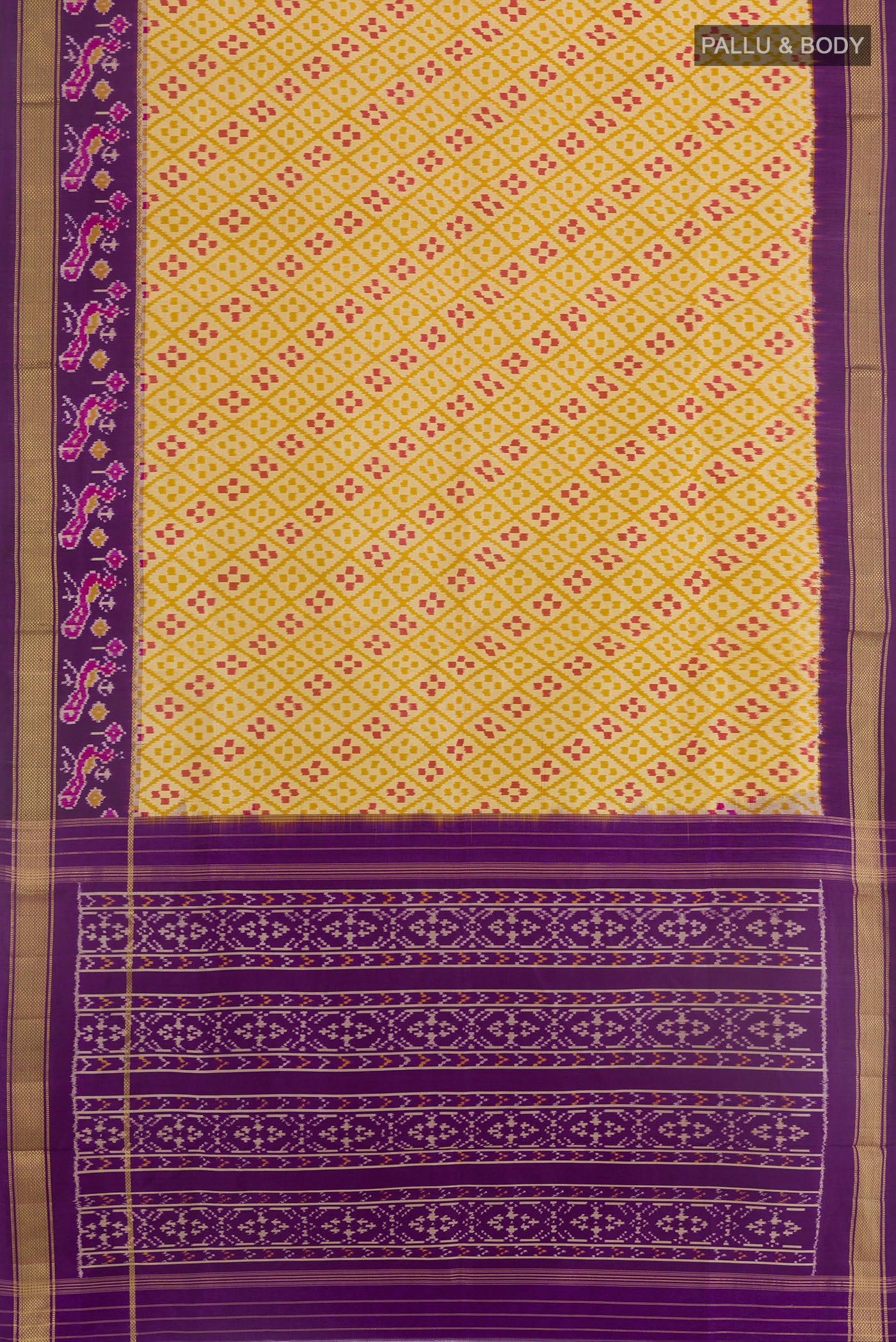 Flat view of Yellow Pochampally Silk Saree with Pure Ikat on the body and Ikat Border. 