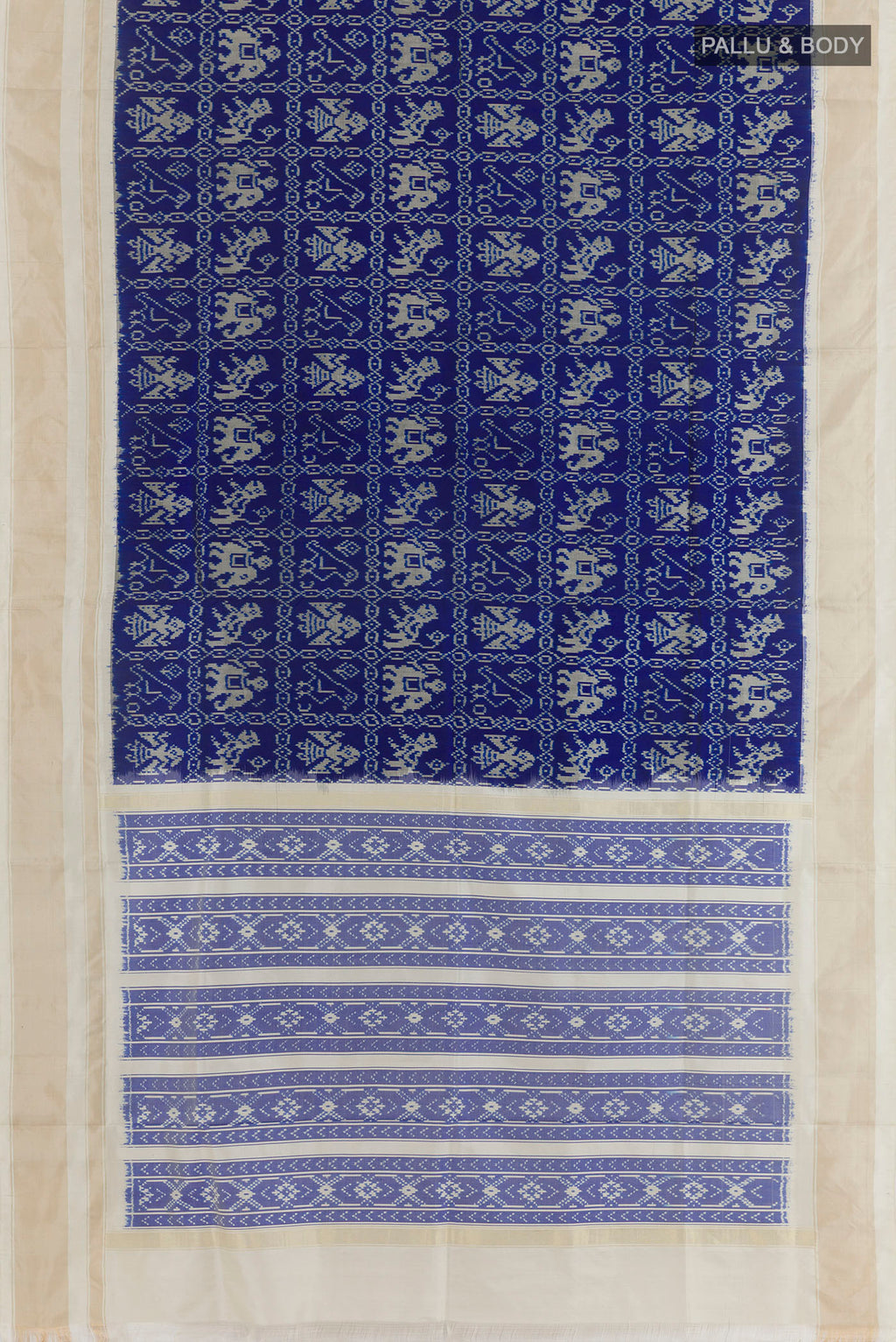 Flat view of Blue Pochampally Silk Saree with Pure Ikat on the body and Zari Border. 
