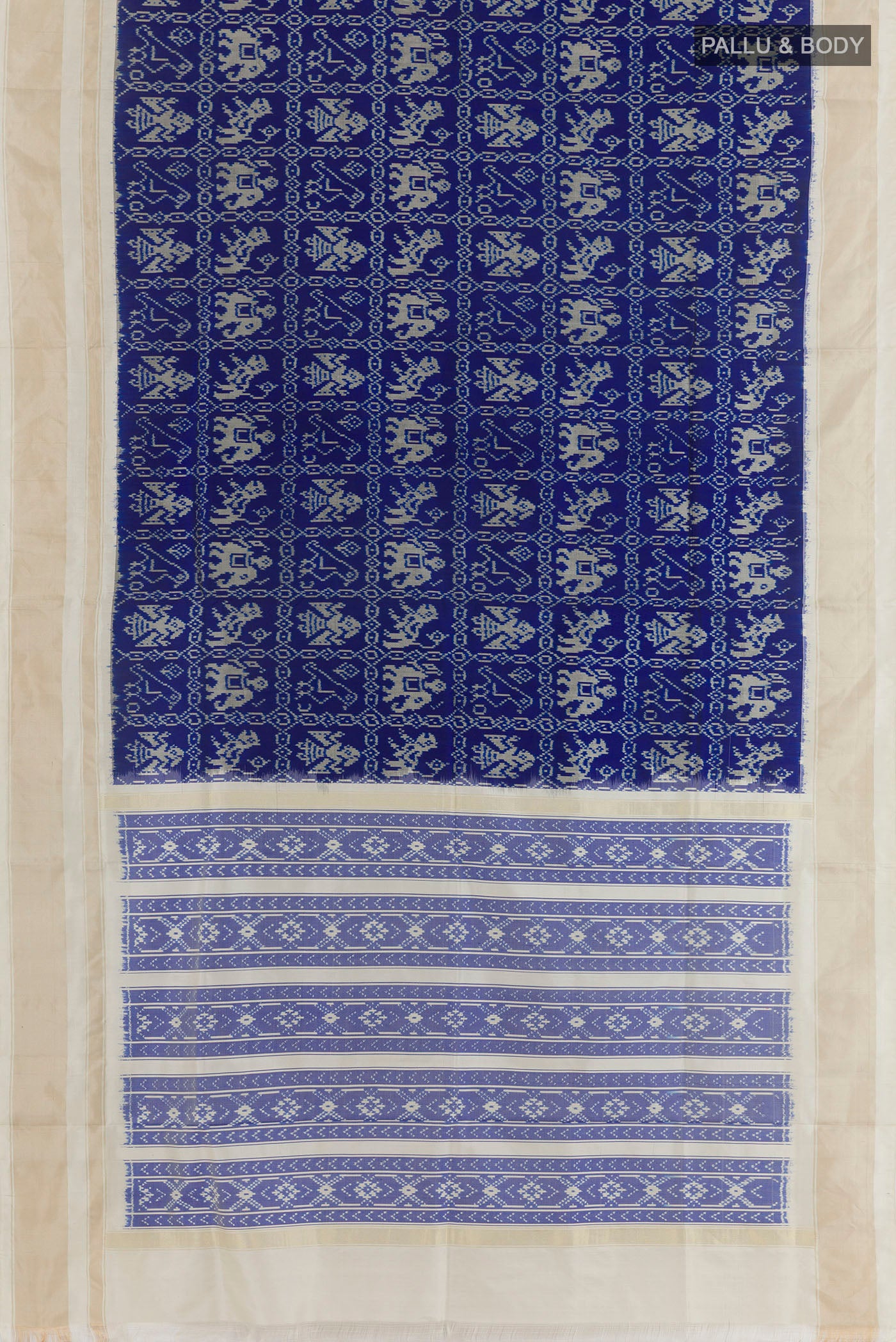 Flat view of Blue Pochampally Silk Saree with Pure Ikat on the body and Zari Border. 