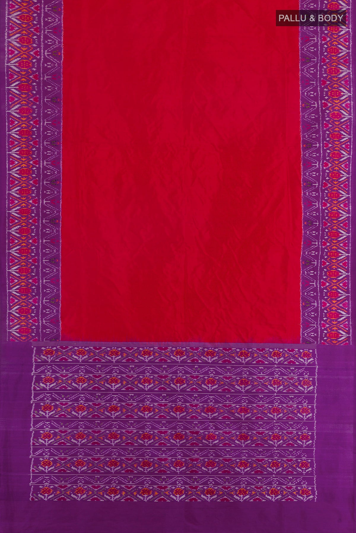 Flat view of Red Pochampally Silk Saree with Plain Body and Ikat Border. 