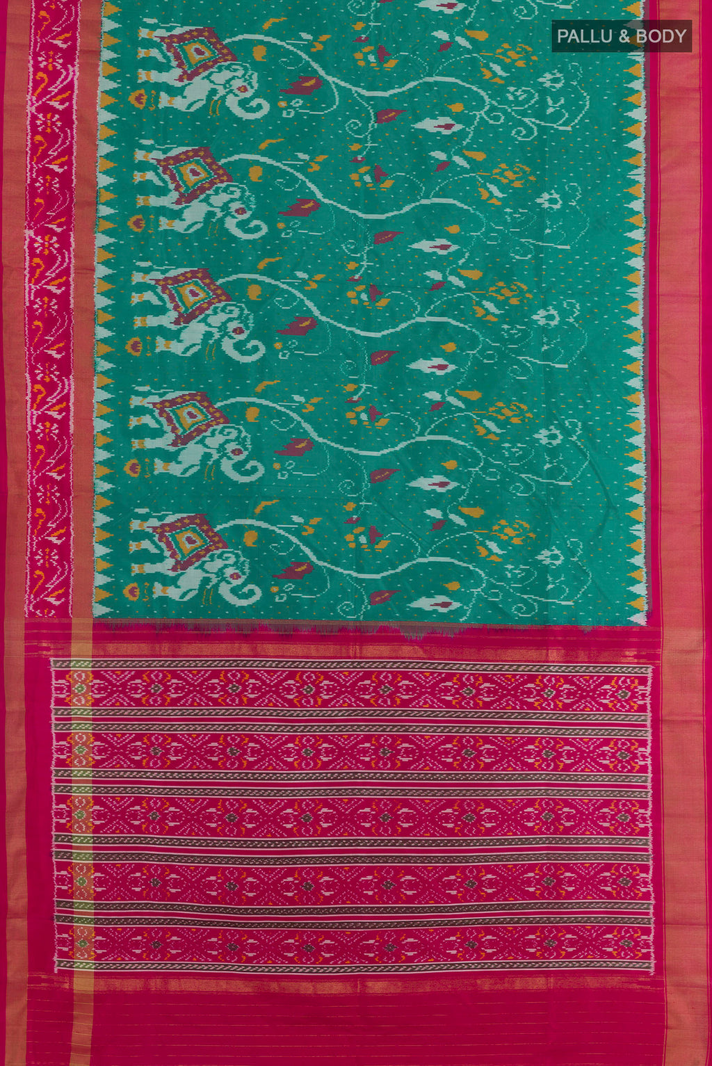 Flat view of Sea Green Pochampally Silk Saree with Pure Ikat on the body and Zari Border. 
