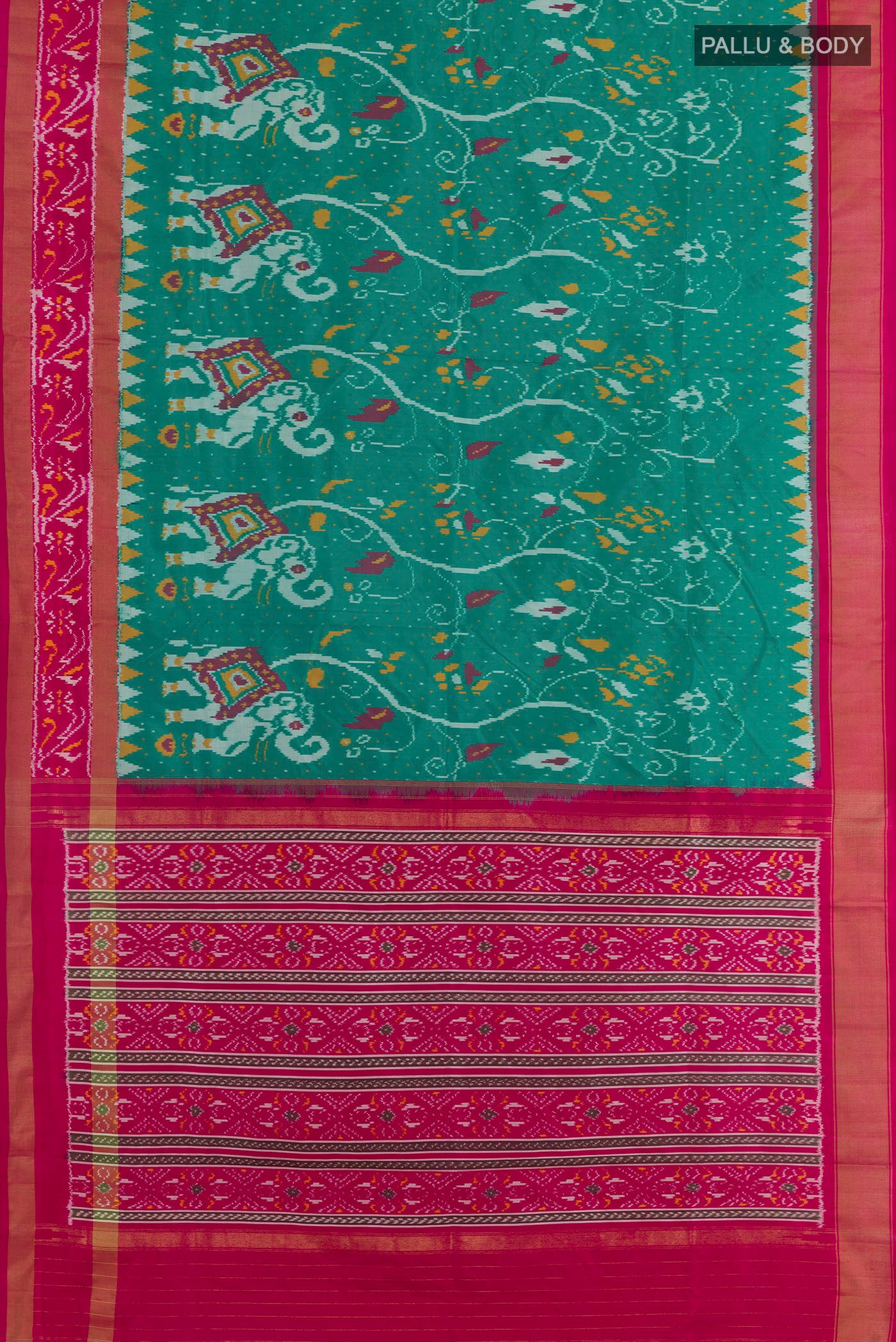 Flat view of Sea Green Pochampally Silk Saree with Pure Ikat on the body and Zari Border. 