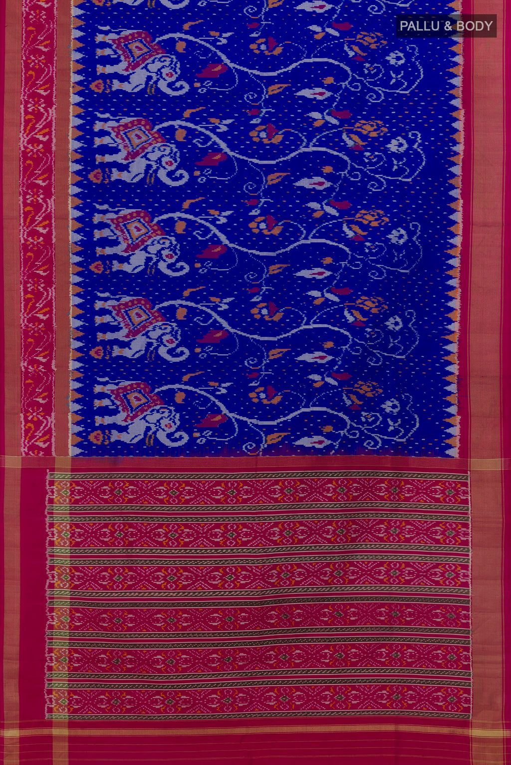 Flat view of Royal Blue Pochampally Silk Saree with Ikat design on the body and Zari Border. 