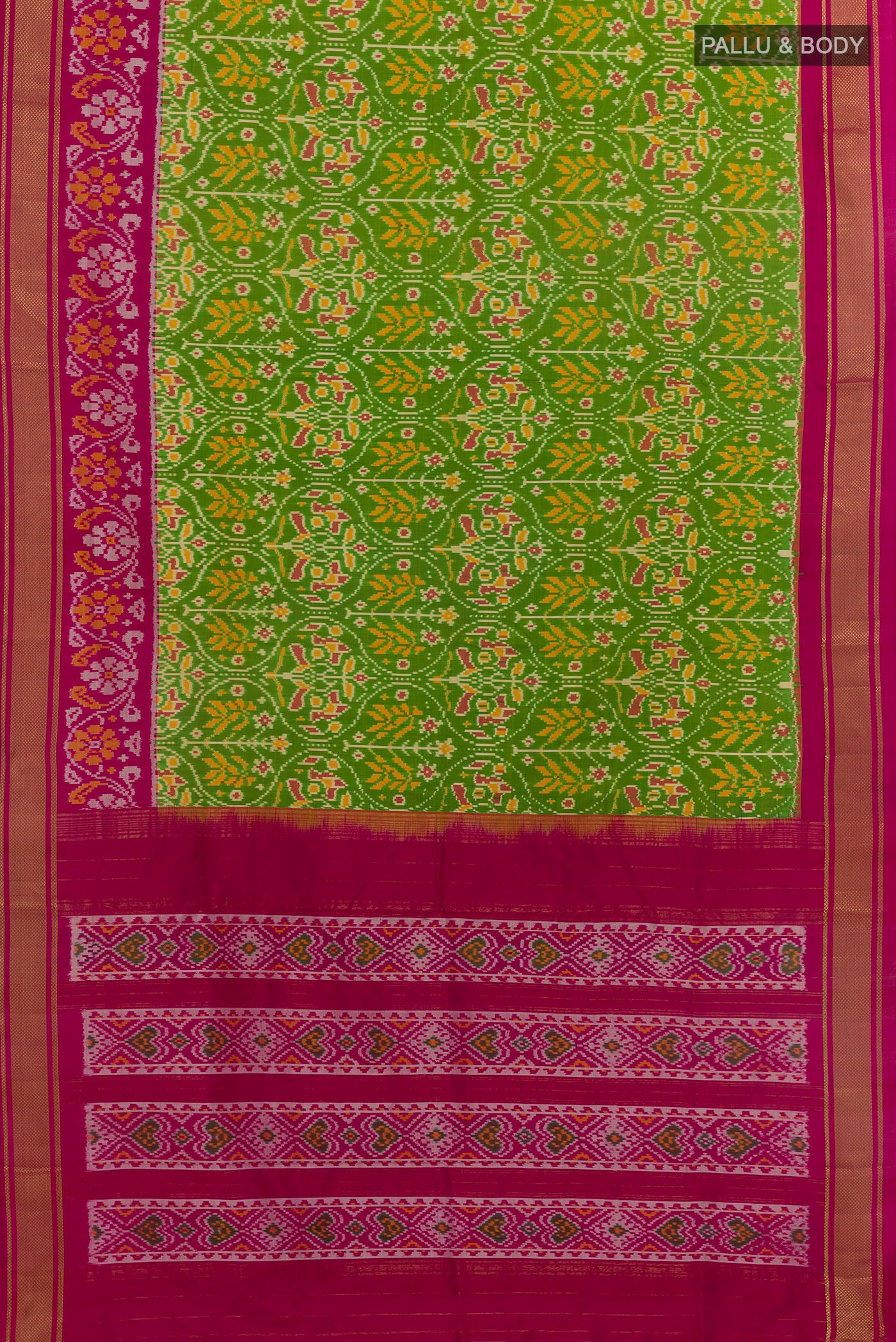 Flat view of Parrot Green Pochampally Silk Nine Yards Saree with Ikat design on the body and Zari Border. 
