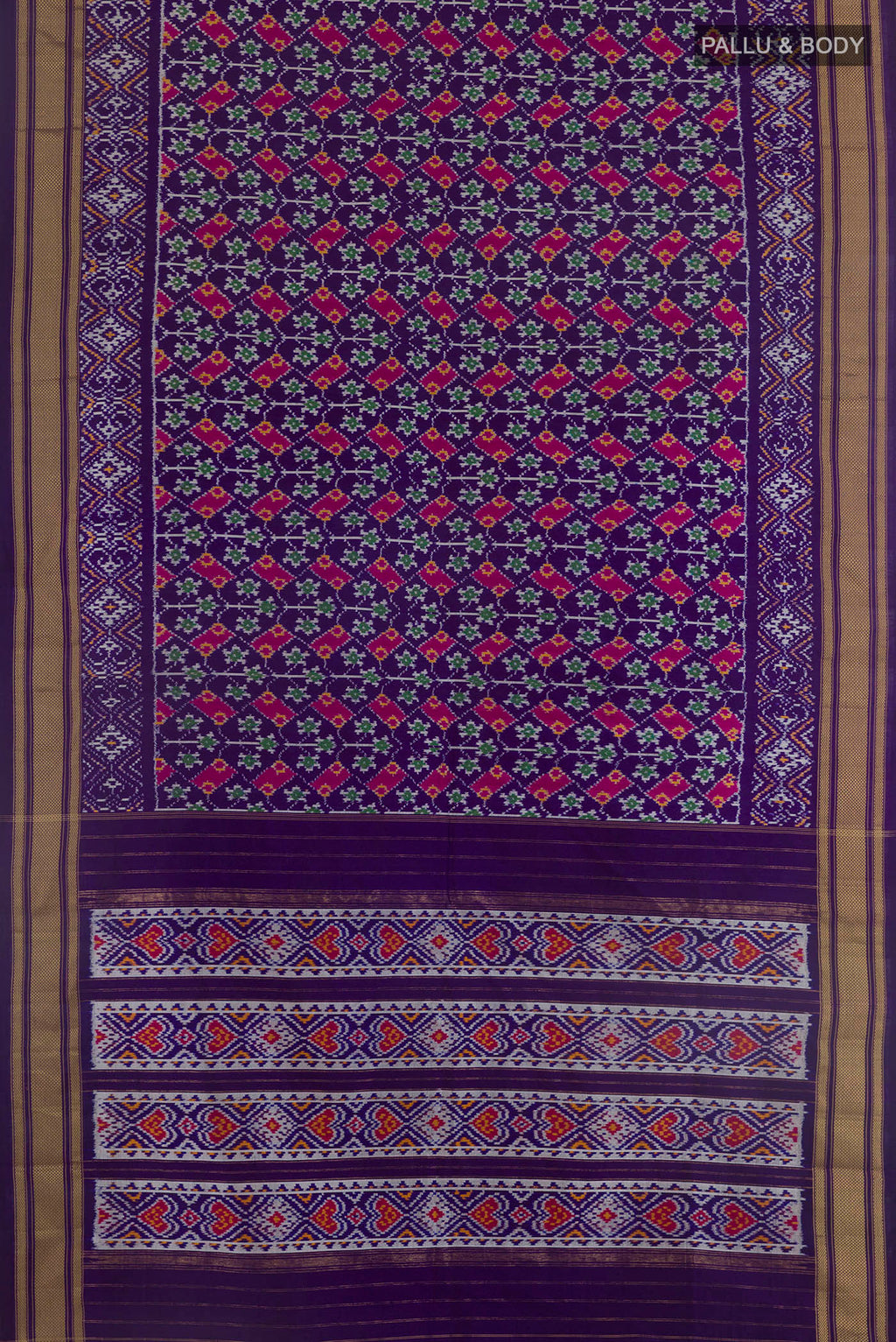 Flat view of Violet Pochampally Silk Saree with Pure Ikat on the body and Ikat Border. 