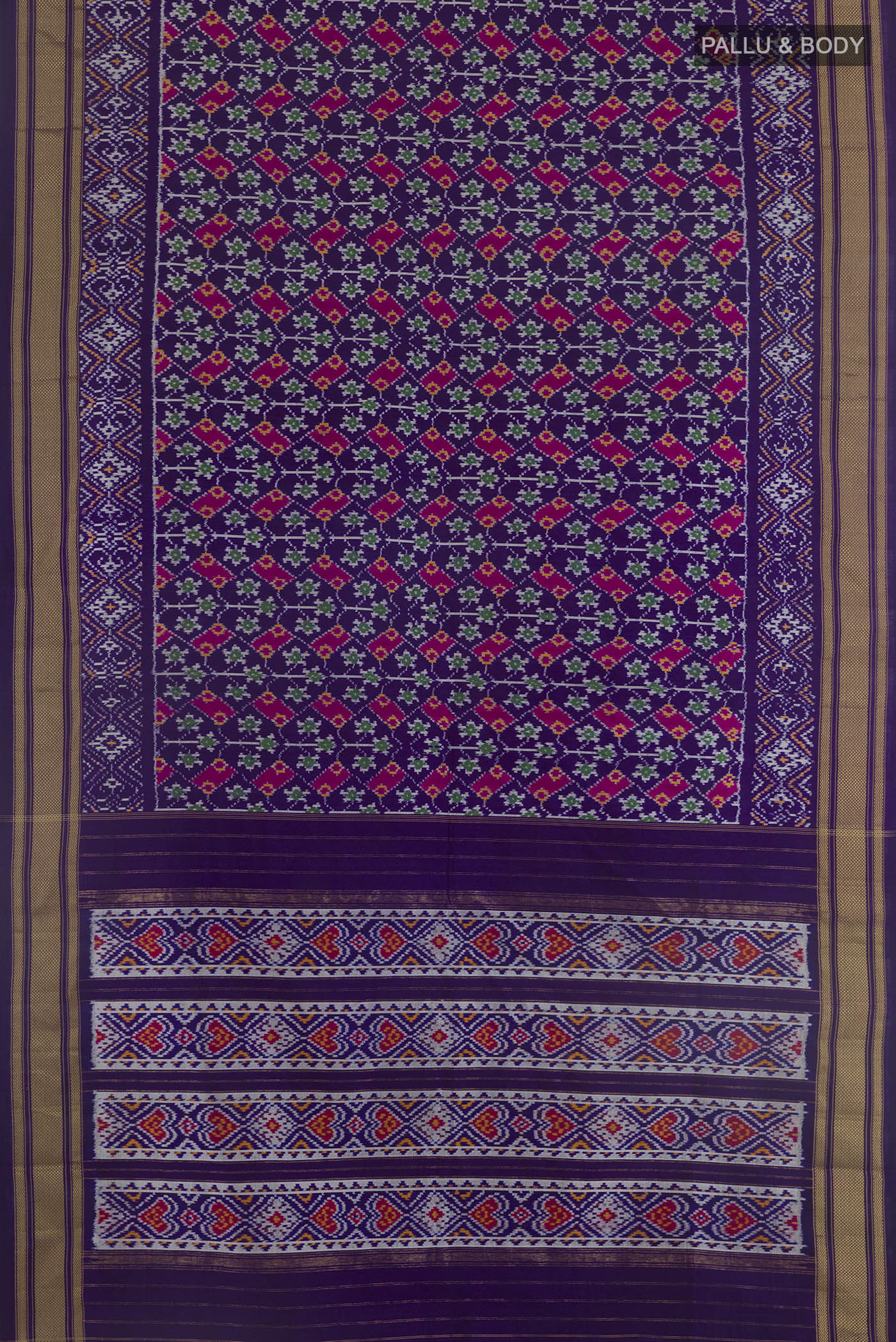 Flat view of Violet Pochampally Silk Saree with Pure Ikat on the body and Ikat Border. 