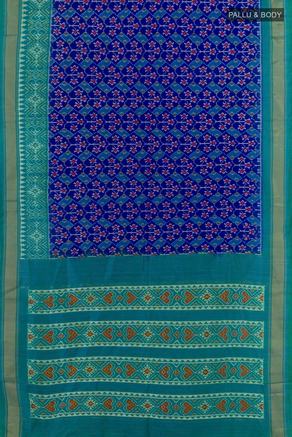 Flat view of Blue Pochampally Silk Saree with Pure Ikat on the body and Zari Border. 