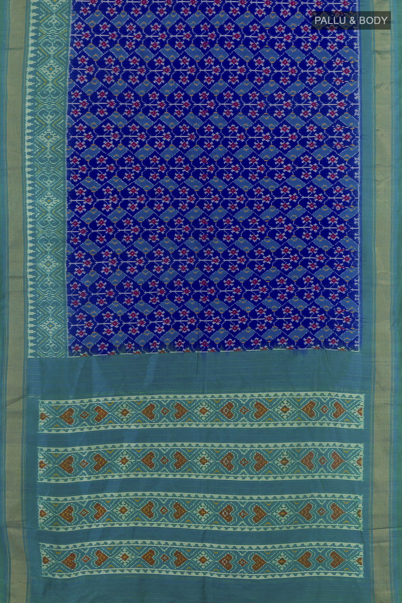 Flat view of Blue Pochampally Silk Saree with Pure Ikat on the body and Zari Border. 