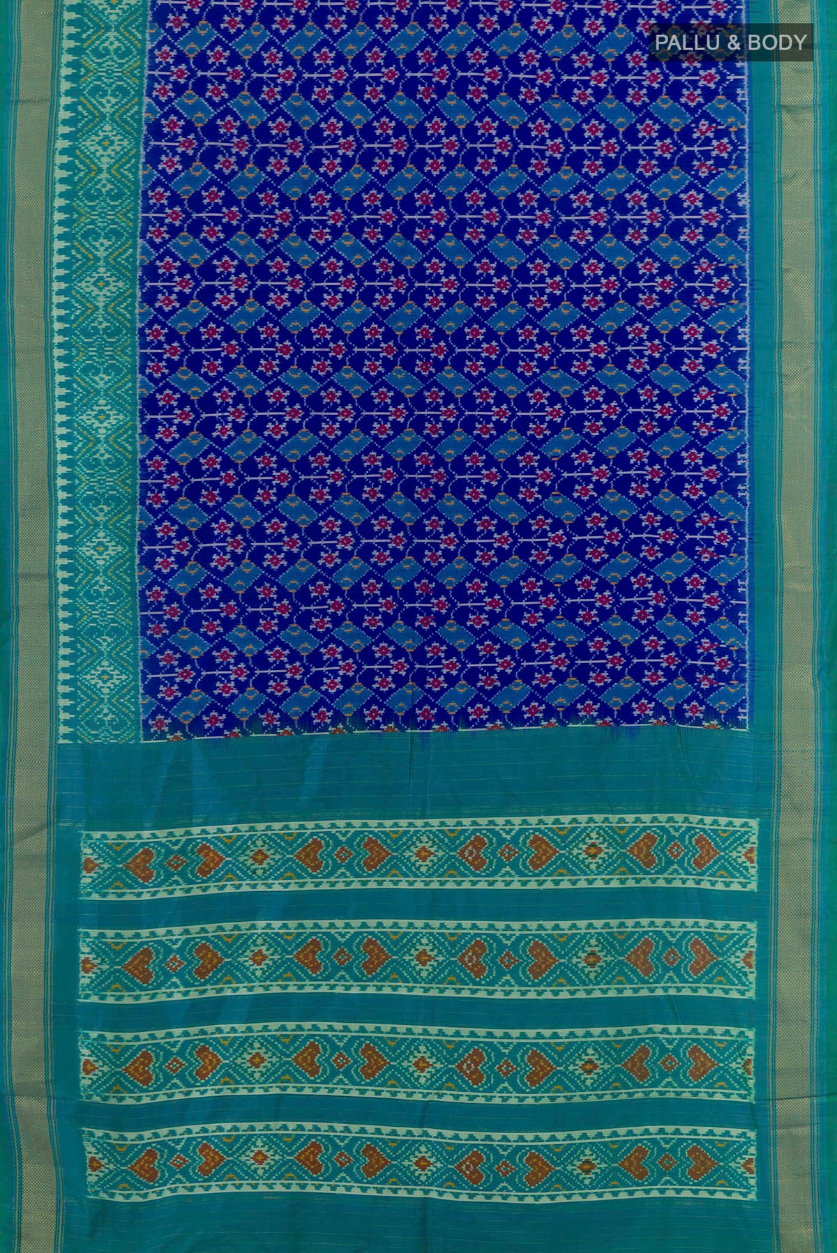 Flat view of Blue Pochampally Silk Saree with Pure Ikat on the body and Zari Border. 