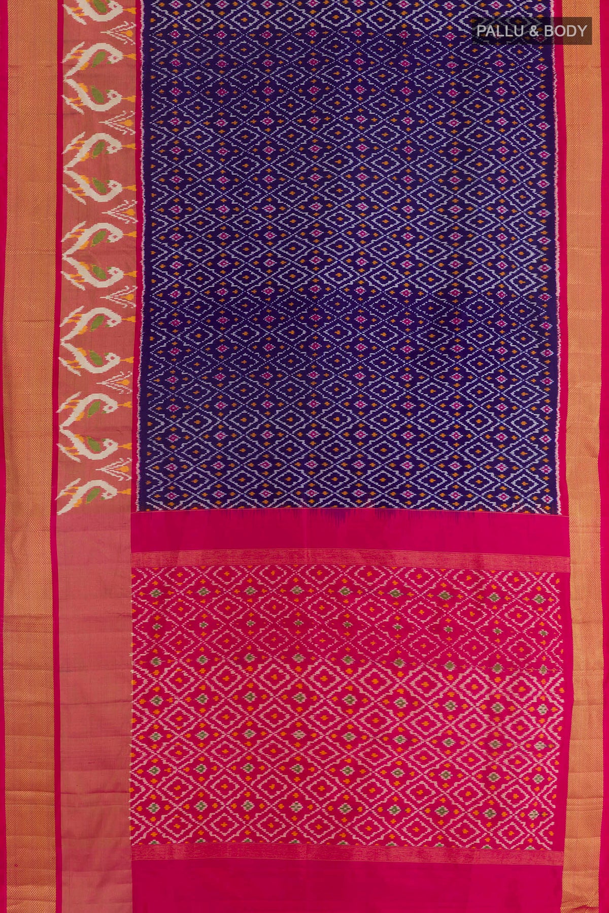 Flat view of Dark Blue Pochampally Silk Saree with Pure Ikat on the body and Zari Border. 