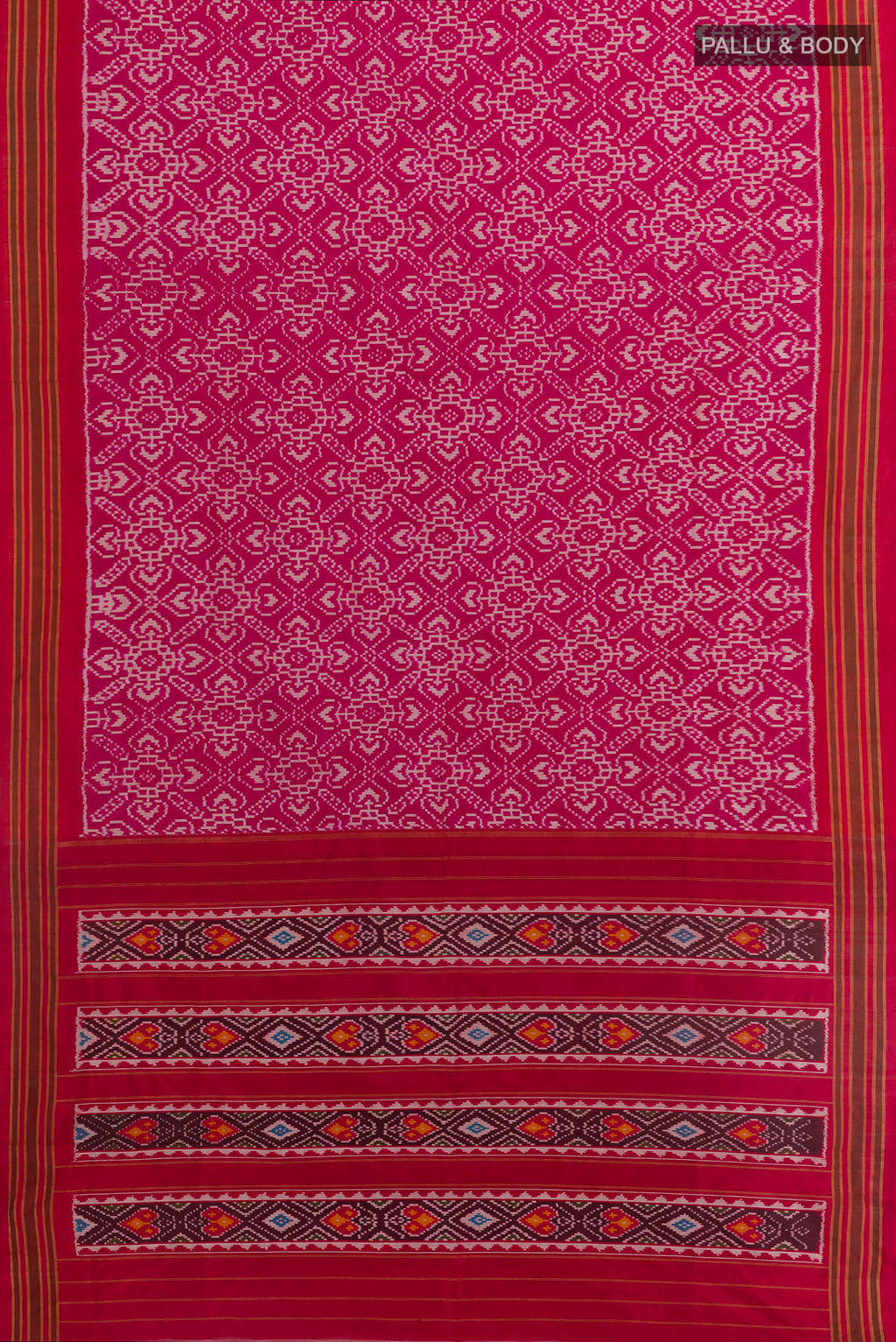Flat view of Pink Pochampally Silk Saree with Ikat design on the body and Plain Border. 
