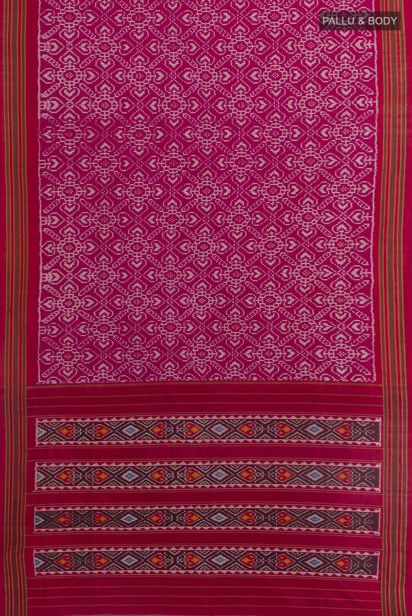 Flat view of Pink Pochampally Silk Saree with Ikat design on the body and Plain Border. 