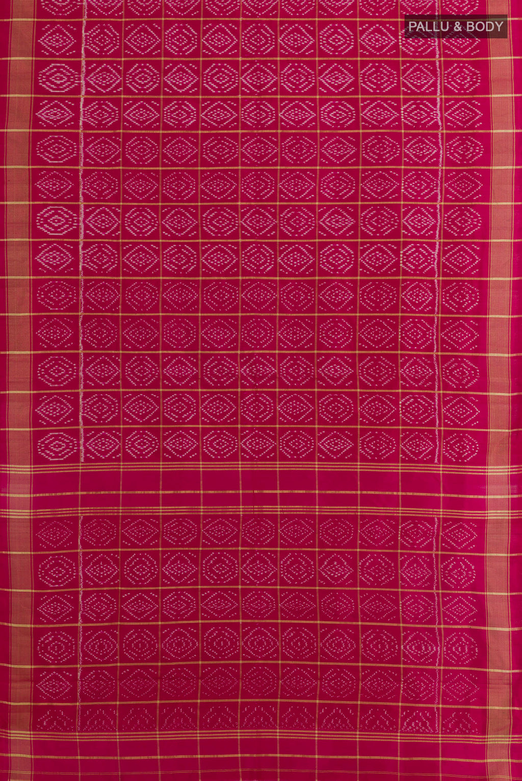 Flat view of Pink Pochampally Silk Saree with Ikat design on the body and Zari Border. 
