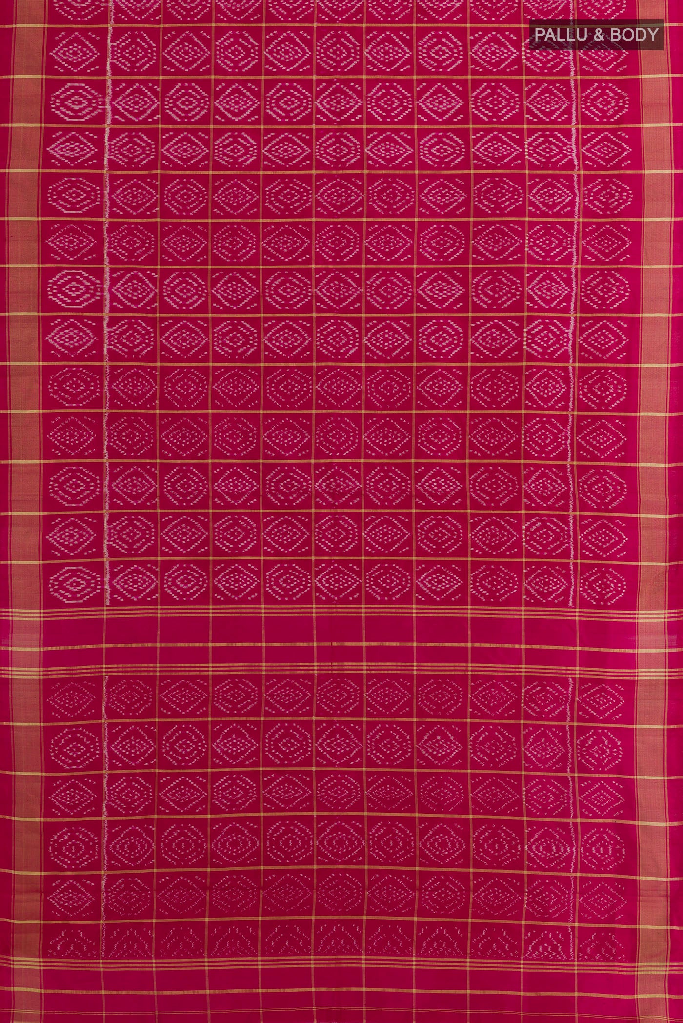 Flat view of Pink Pochampally Silk Saree with Ikat design on the body and Zari Border. 