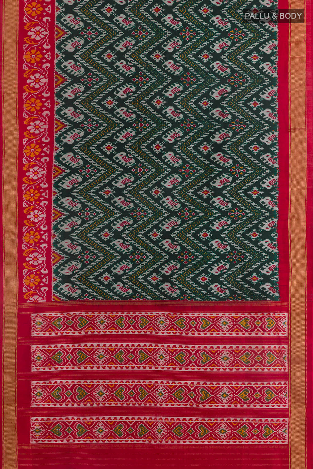Flat view of Bottle Green Pochampally Silk Saree with Pure Ikat on the body and Zari Border. 