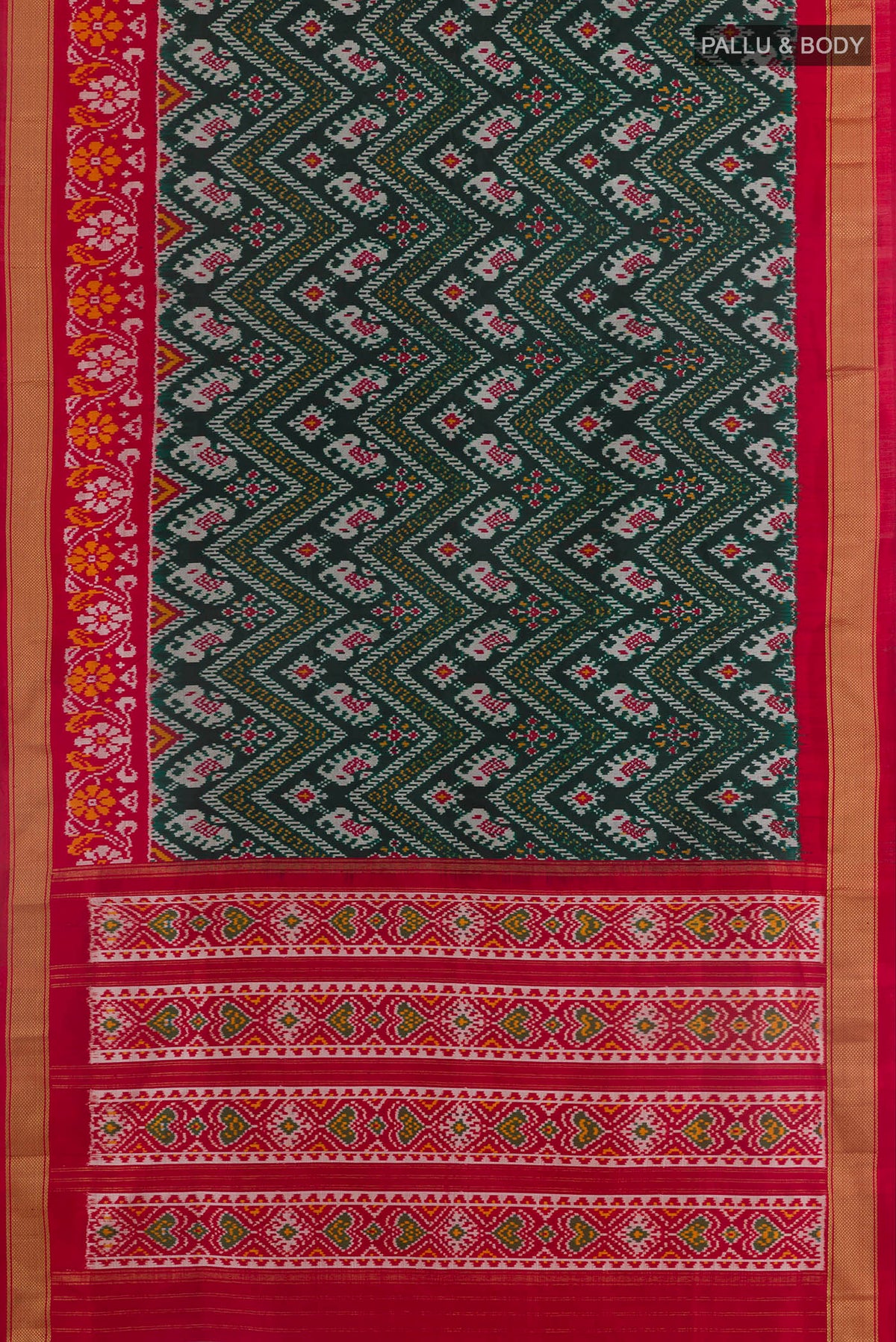 Flat view of Bottle Green Pochampally Silk Saree with Pure Ikat on the body and Zari Border. 