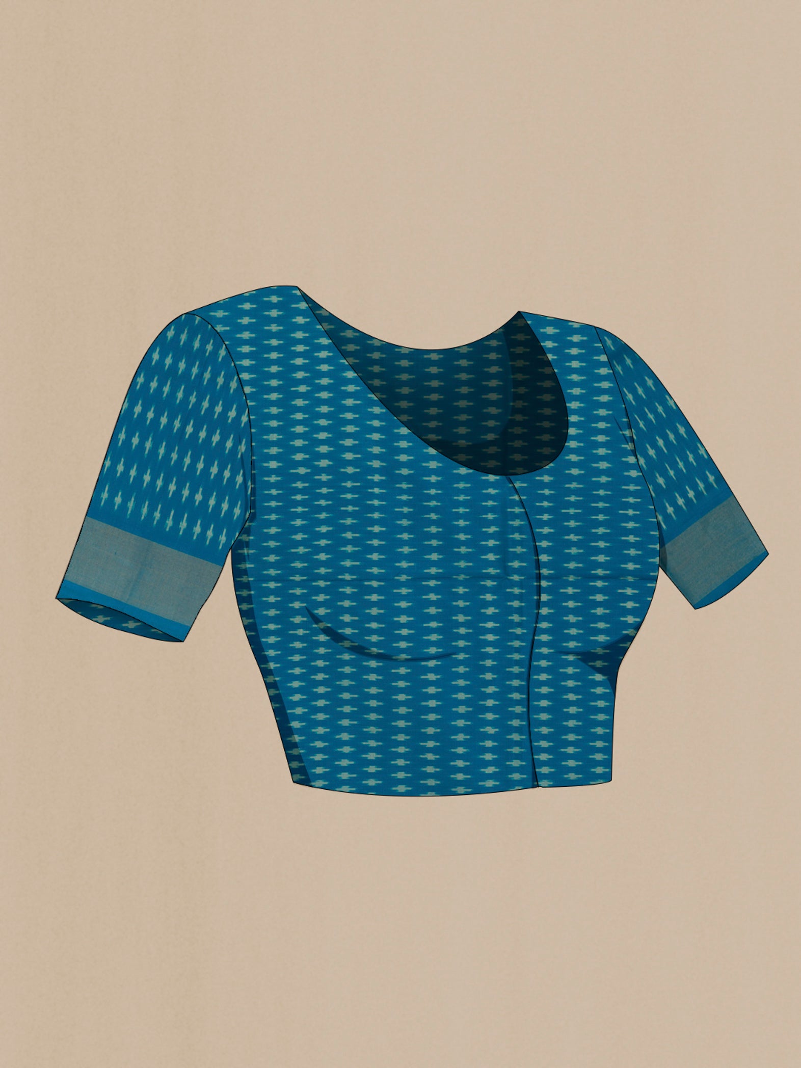 Close up image of the blouse of Royal Blue Pochampally Silk Saree with Pure Ikat on the body and Zari Border. 