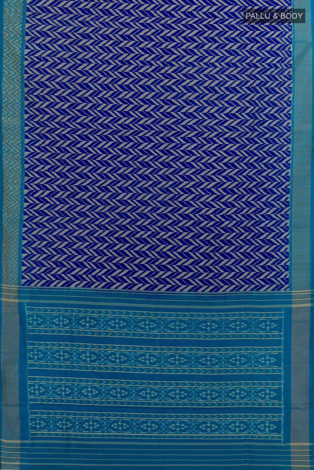 Flat view of Royal Blue Pochampally Silk Saree with Pure Ikat on the body and Zari Border. 