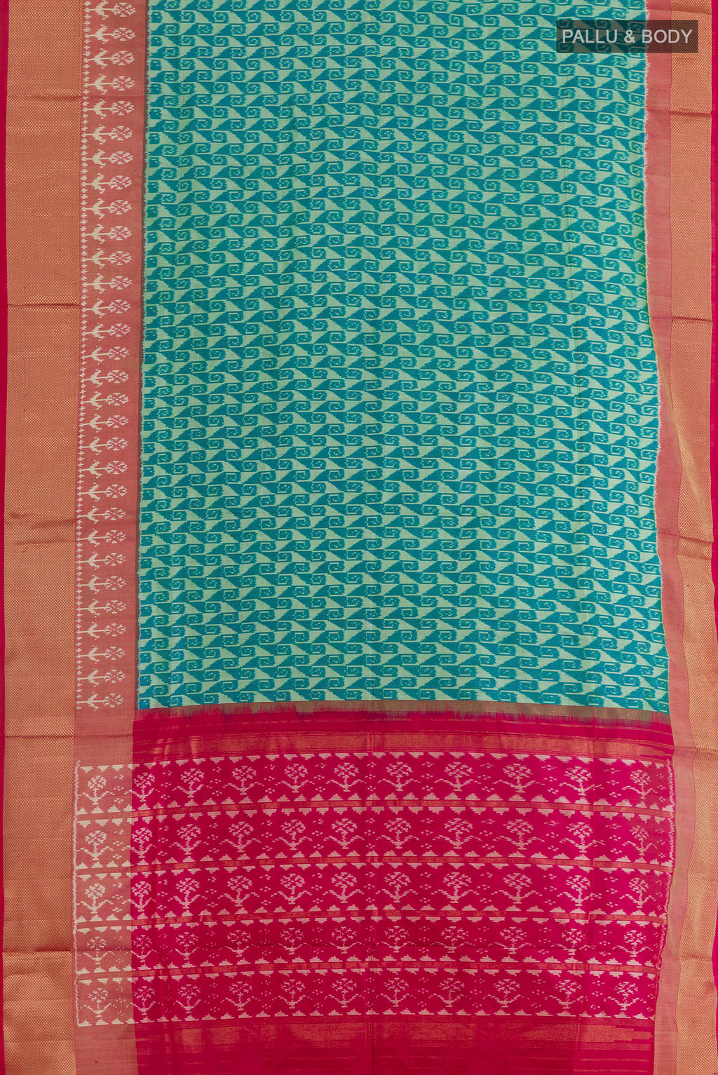 Flat view of Sea Green Pochampally Silk Saree with Pure Ikat on the body and Zari Border. 