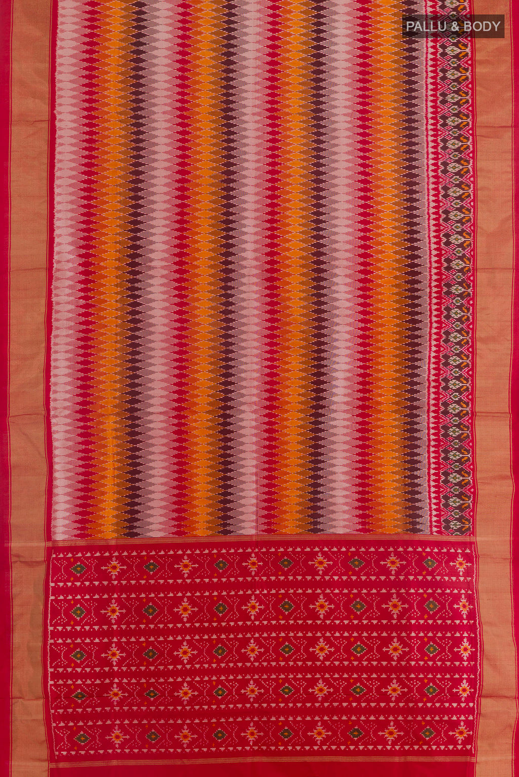 Flat view of Multi Color Pochampally Silk Saree with Pure Ikat on the body and Zari Border. 