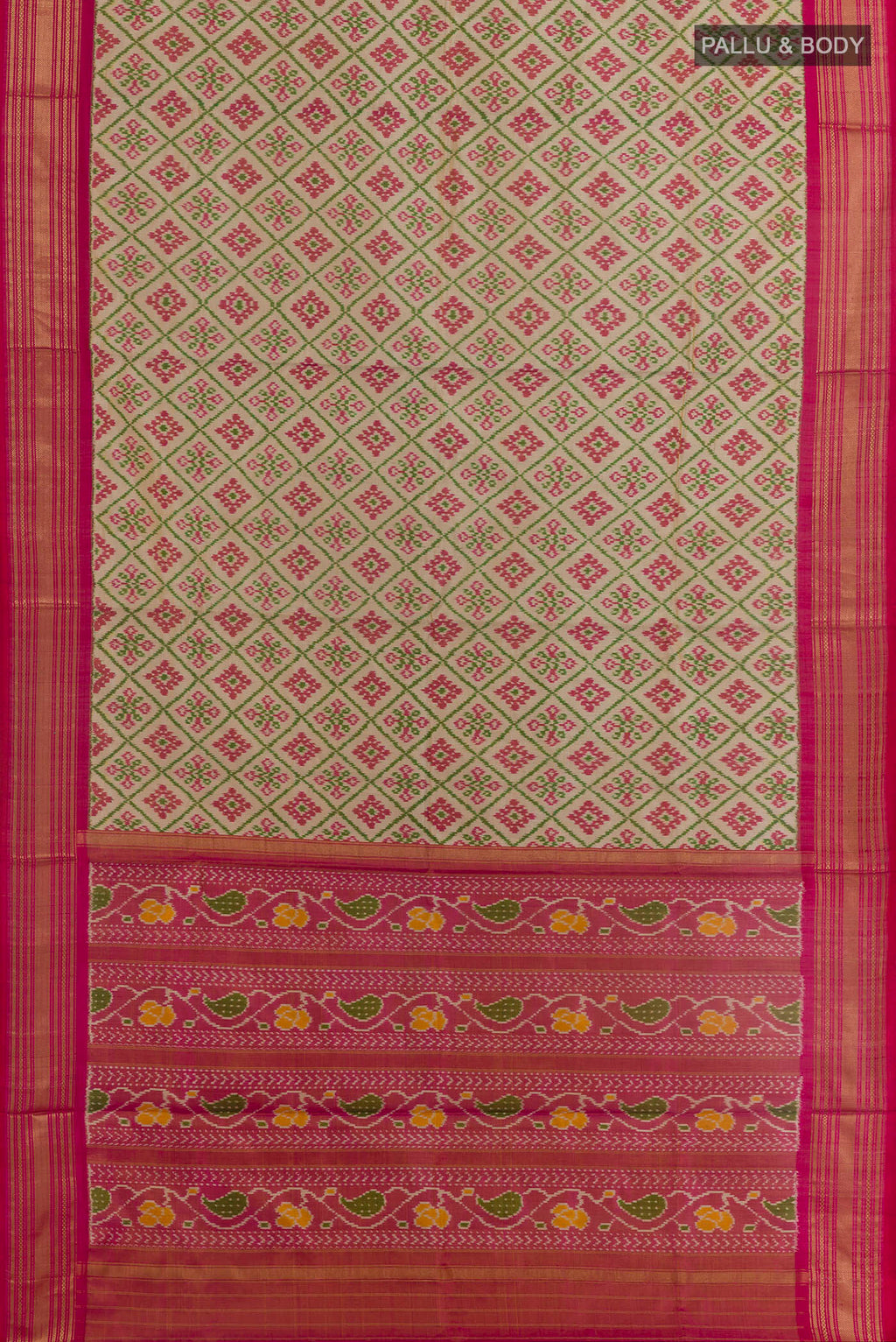 Flat view of Beige Pochampally Silk Saree with Ikat design on the body and Zari Border. 