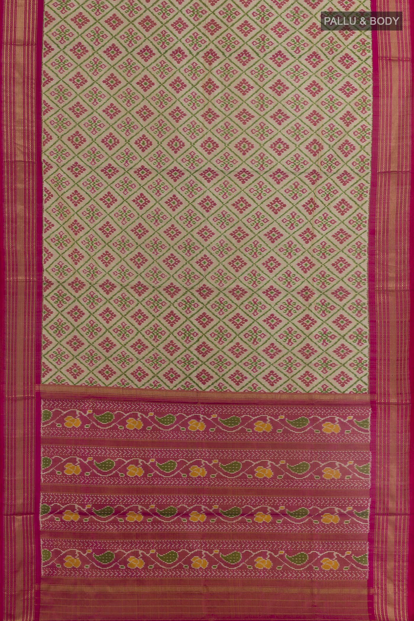 Flat view of Beige Pochampally Silk Saree with Ikat design on the body and Zari Border. 