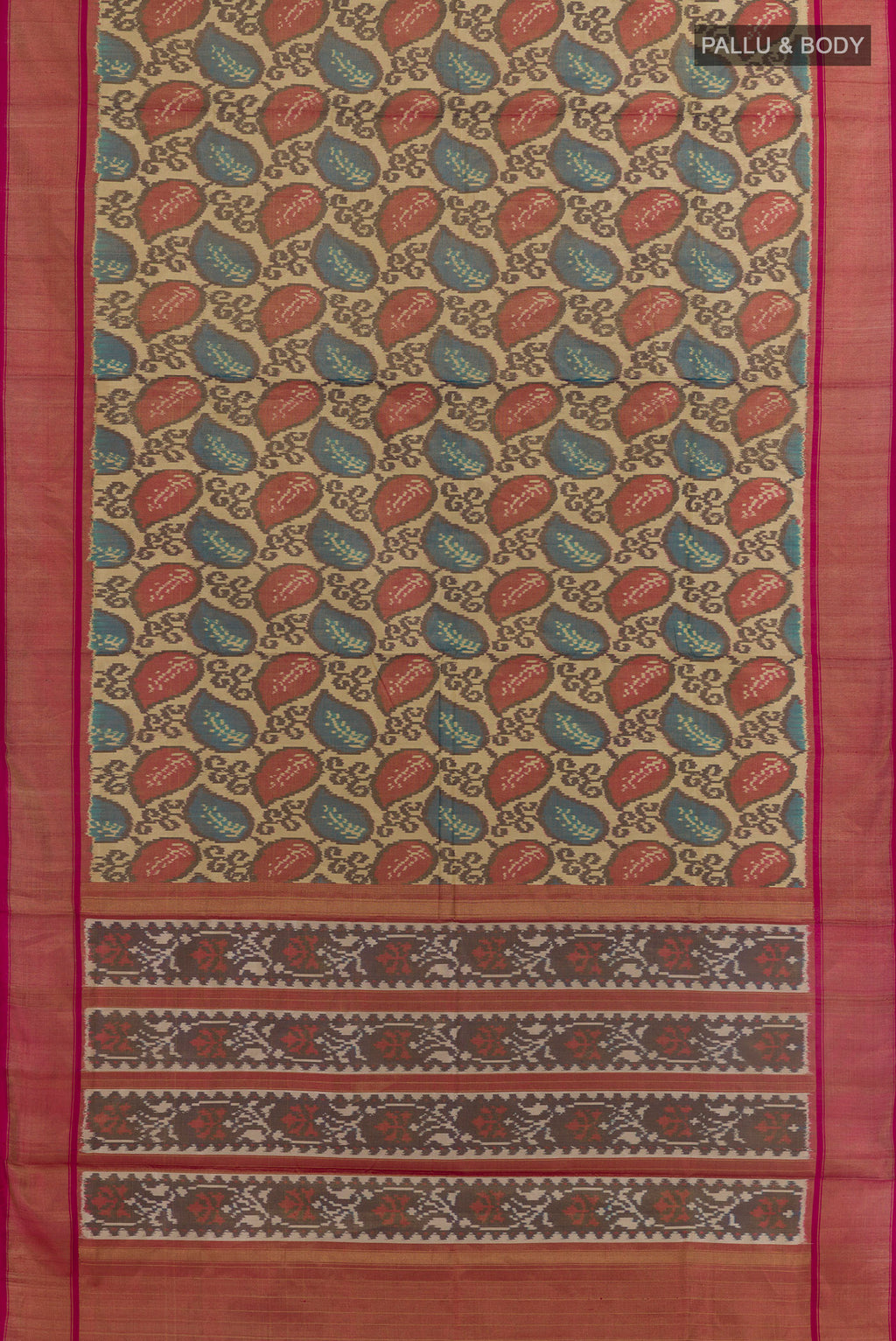 Flat view of Golden Pochampally Silk Saree with Ikat design on the body and Plain Border. 
