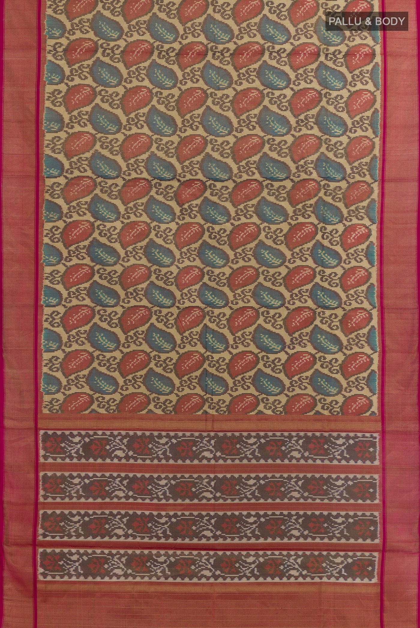 Flat view of Golden Pochampally Silk Saree with Ikat design on the body and Plain Border. 