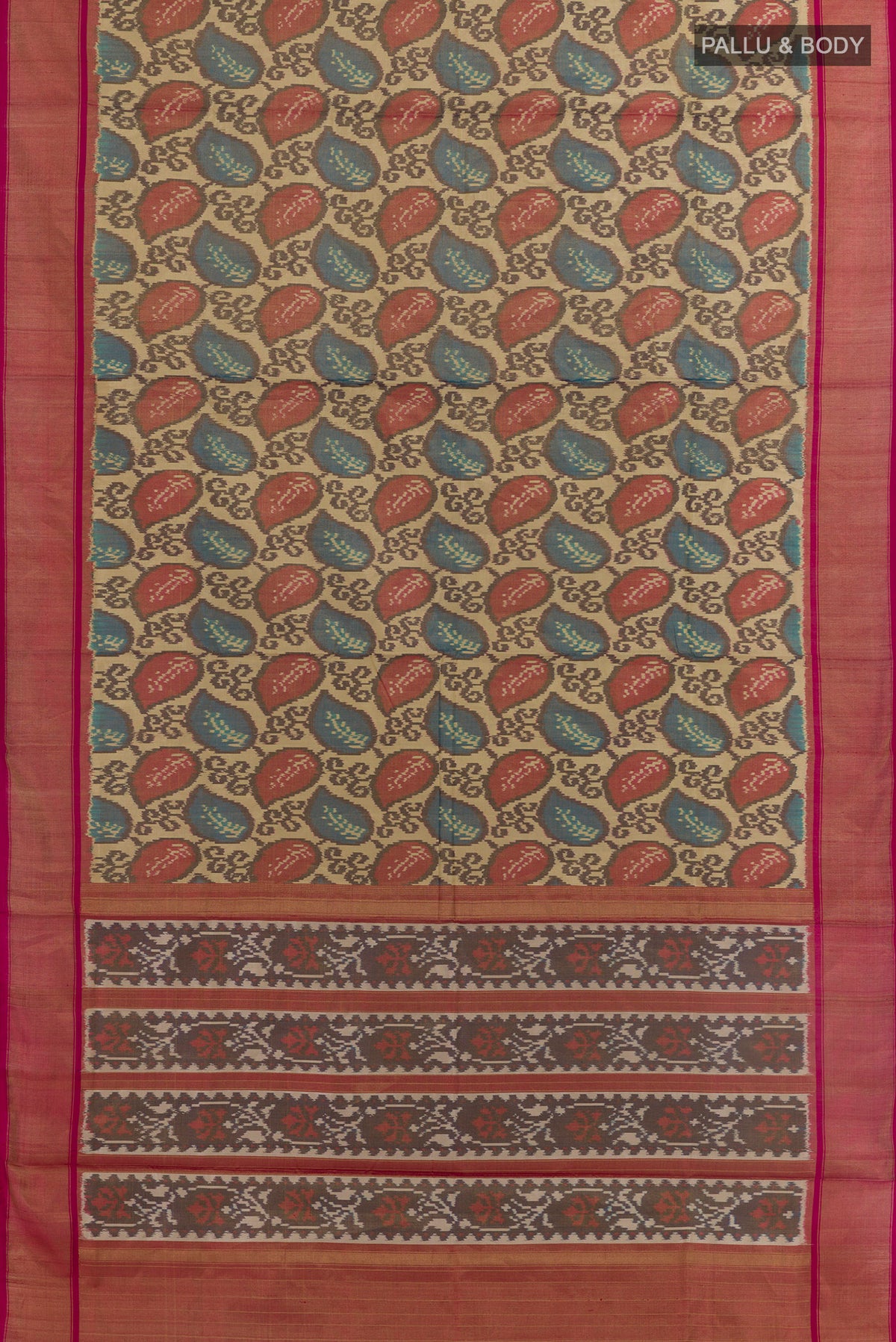 Flat view of Golden Pochampally Silk Saree with Ikat design on the body and Plain Border. 