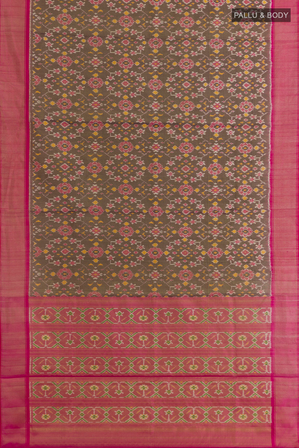 Flat view of Purple Pochampally Silk Saree with Ikat design on the body and Zari Border. 