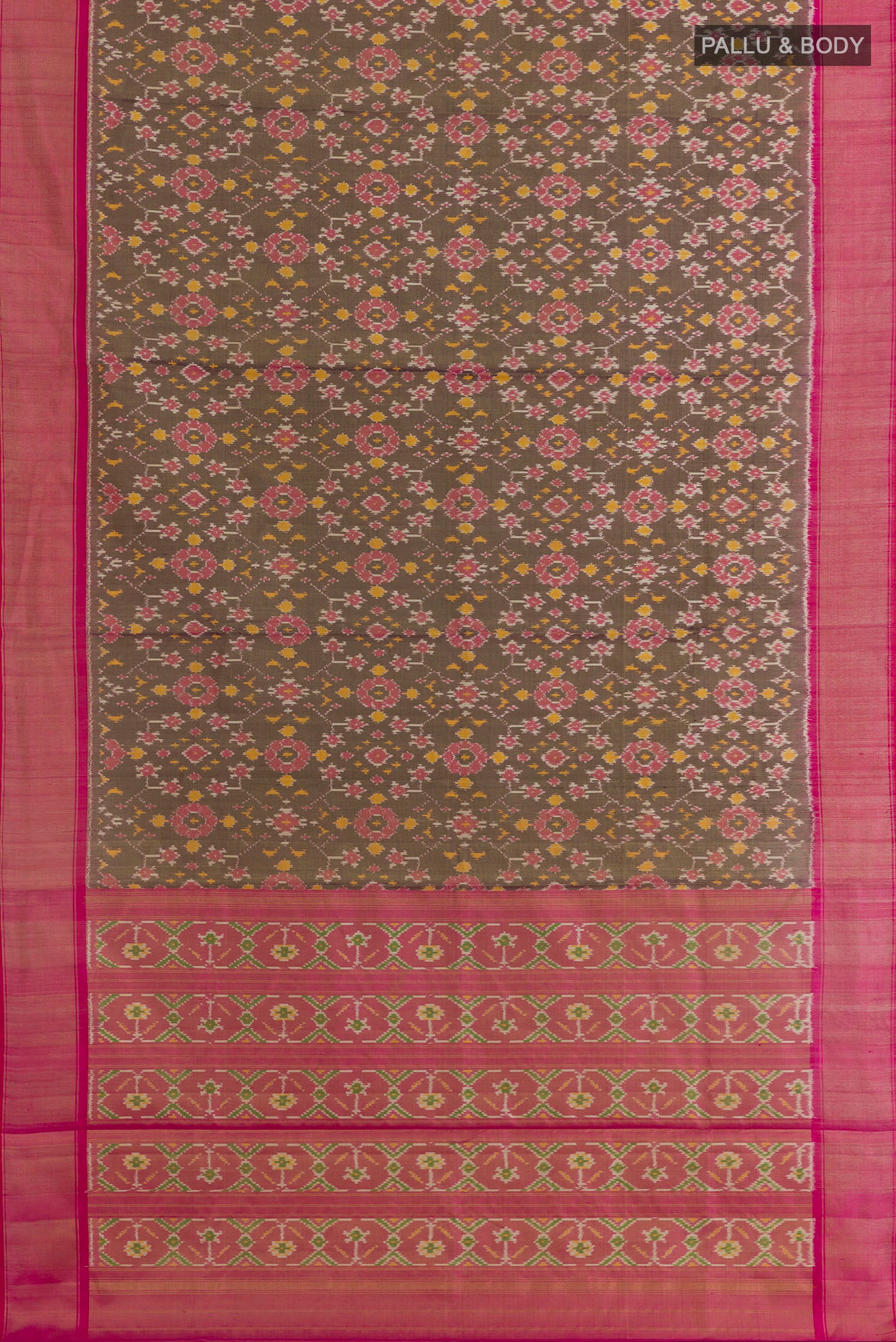 Flat view of Purple Pochampally Silk Saree with Ikat design on the body and Zari Border. 