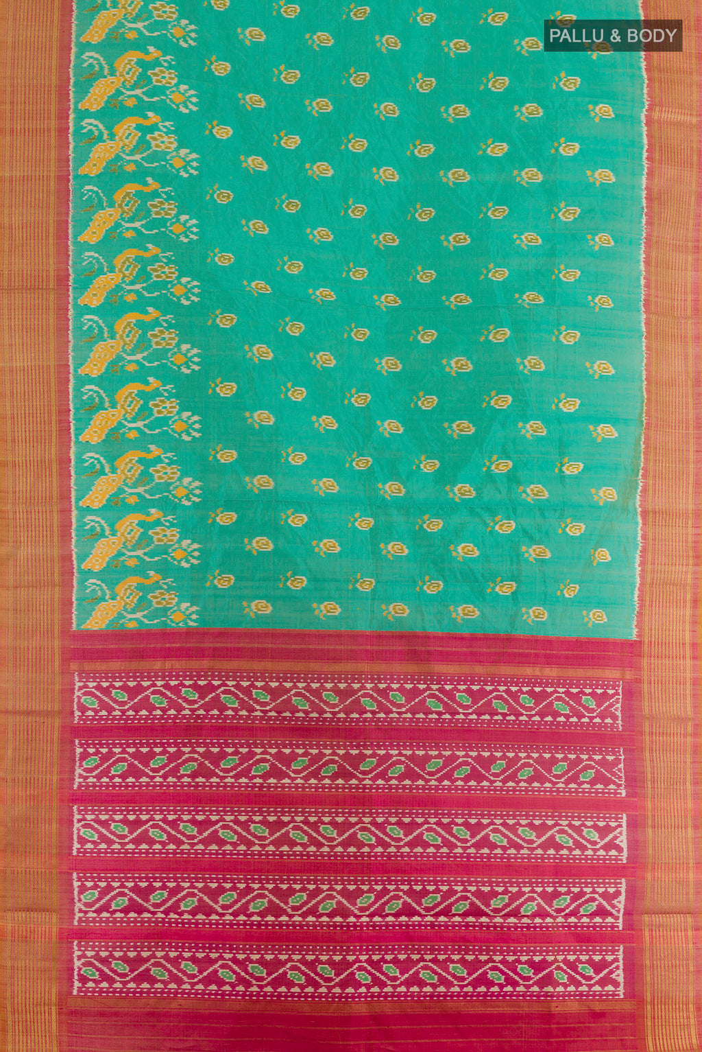 Flat view of Sea Green Pochampally Silk Saree with Pure Ikat on the body and Zari Border. 