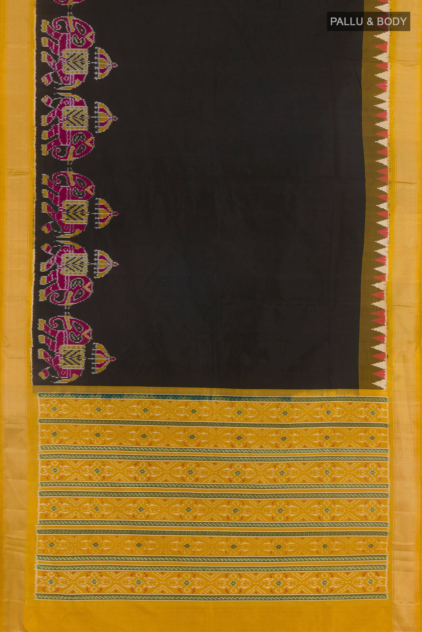 Flat view of Black Pochampally Silk Saree with Plain Body and Ikat Border. 