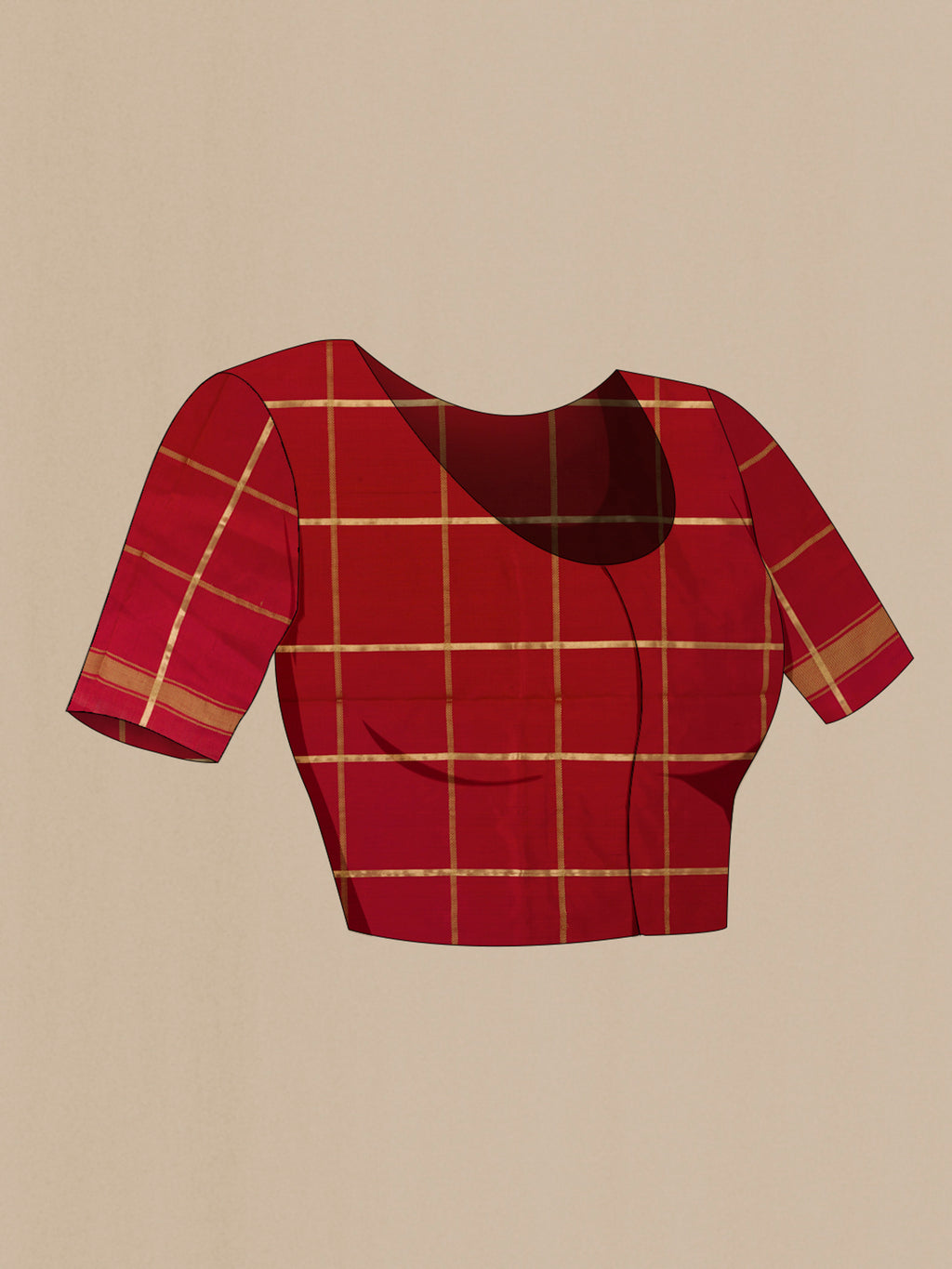 Close up image of the blouse of Multi Color Pochampally Silk Saree with Checked design on the body and Zari Border. 