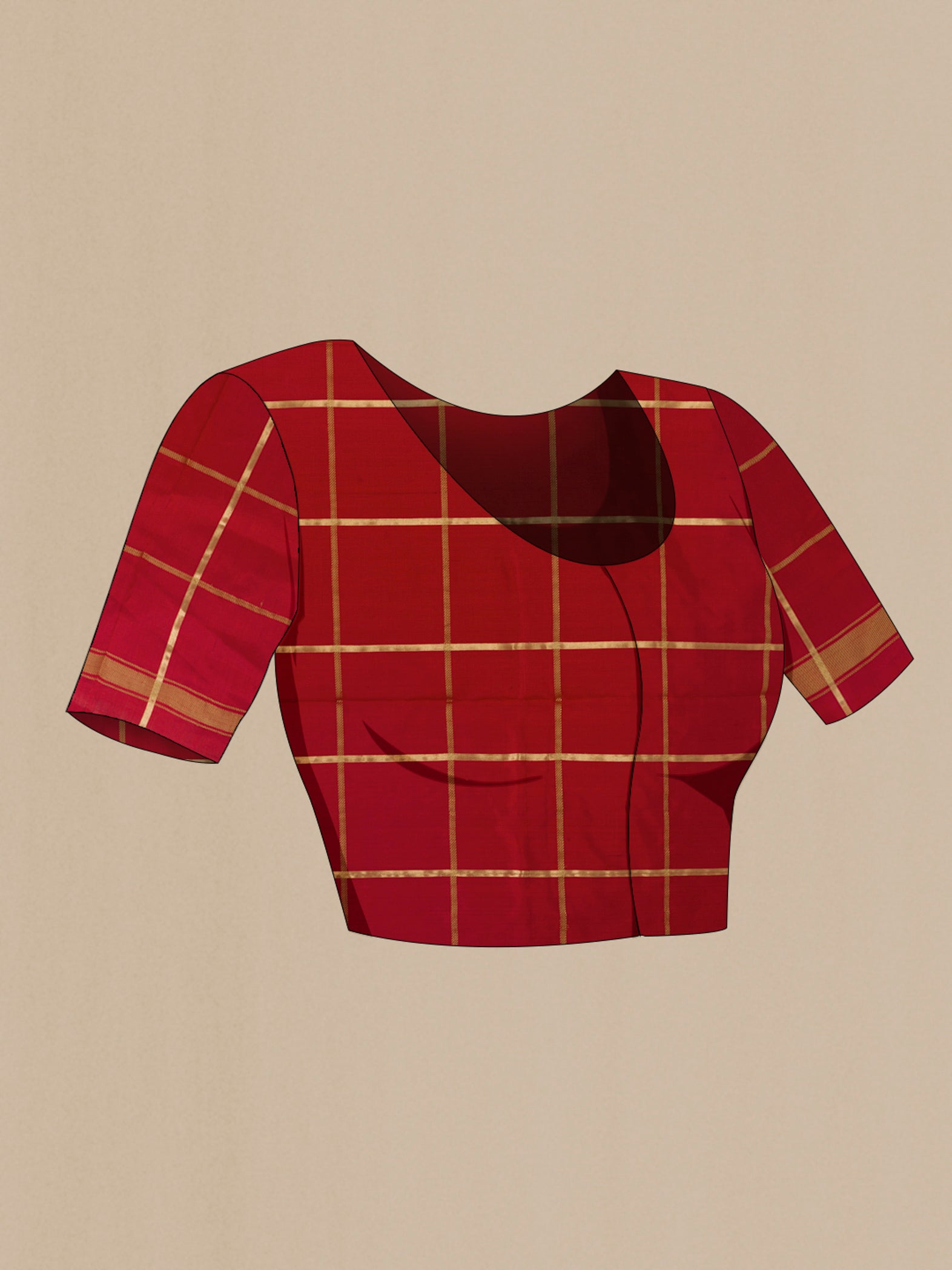 Close up image of the blouse of Multi Color Pochampally Silk Saree with Checked design on the body and Zari Border. 