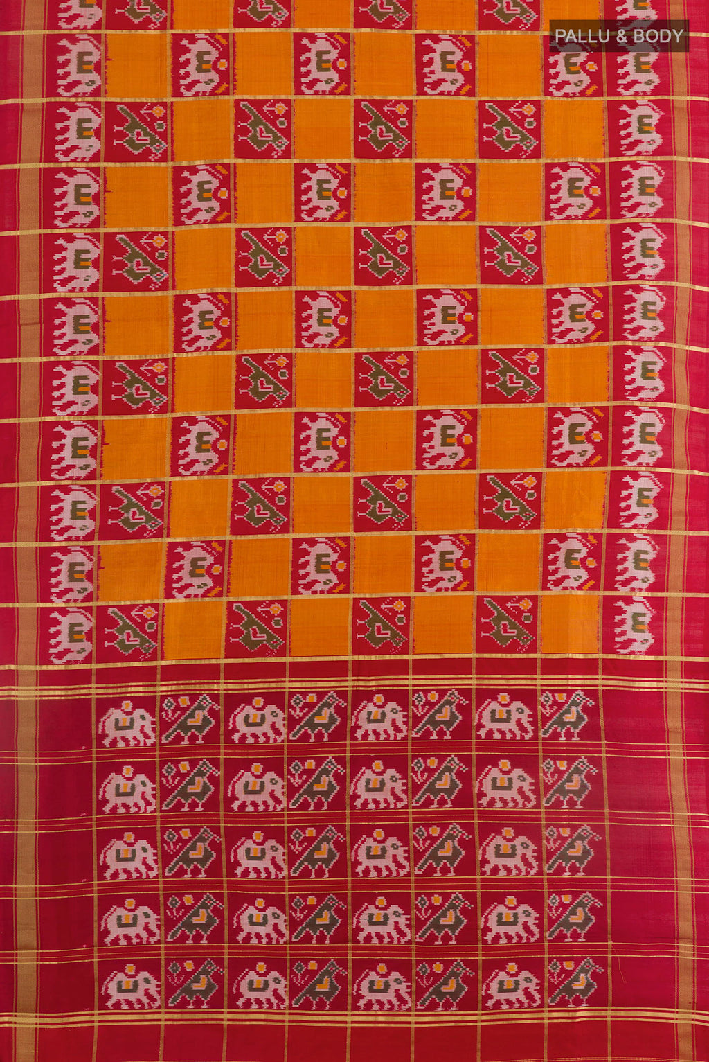Flat view of Multi Color Pochampally Silk Saree with Checked design on the body and Zari Border. 