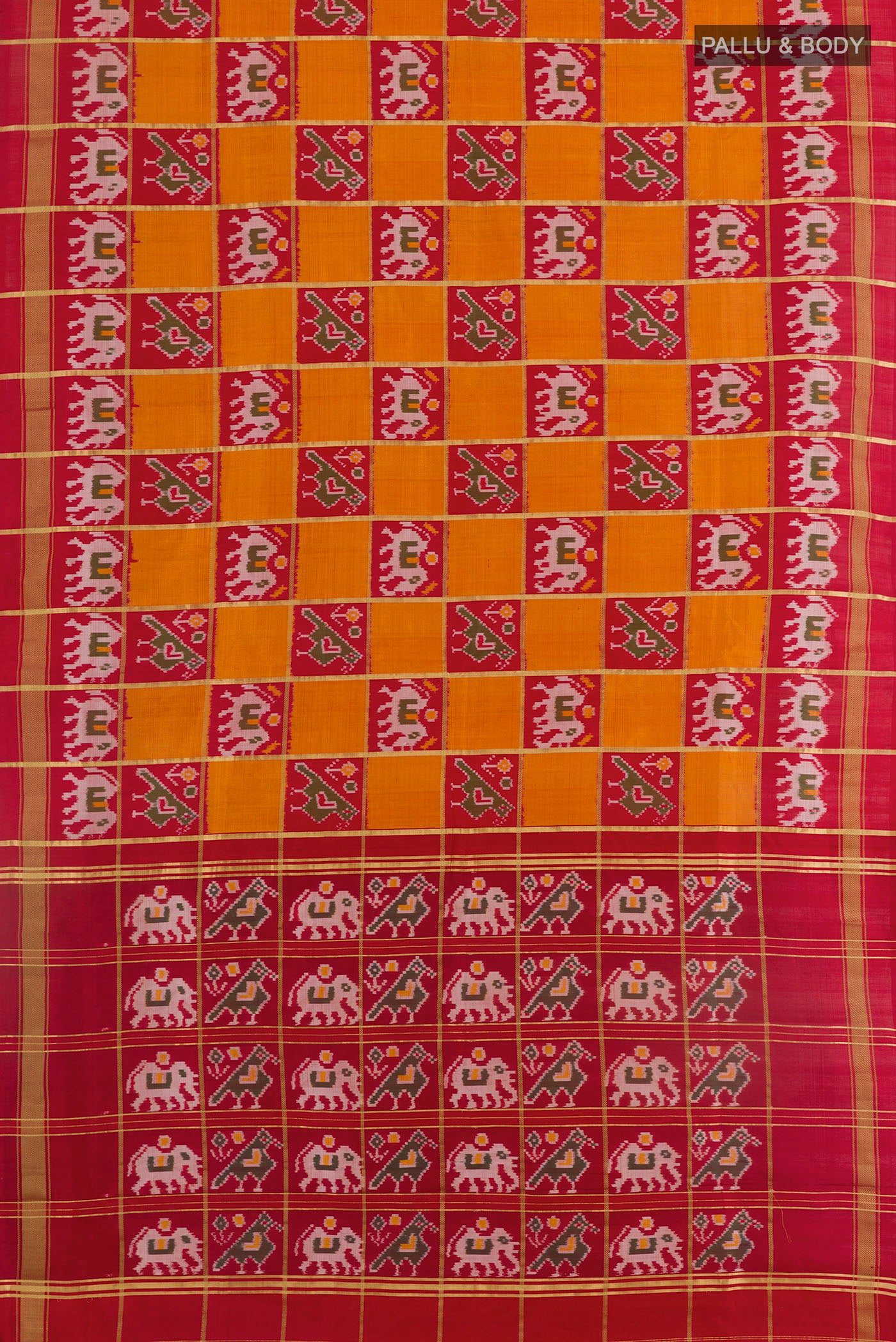 Flat view of Multi Color Pochampally Silk Saree with Checked design on the body and Zari Border. 