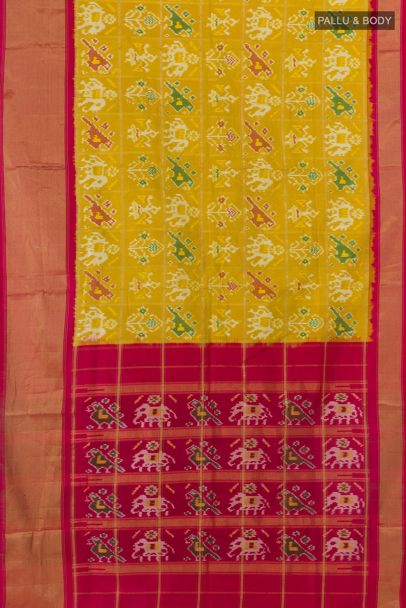 Flat view of Yellow Pochampally Silk Saree with Pure Ikat on the body and Zari Border. 