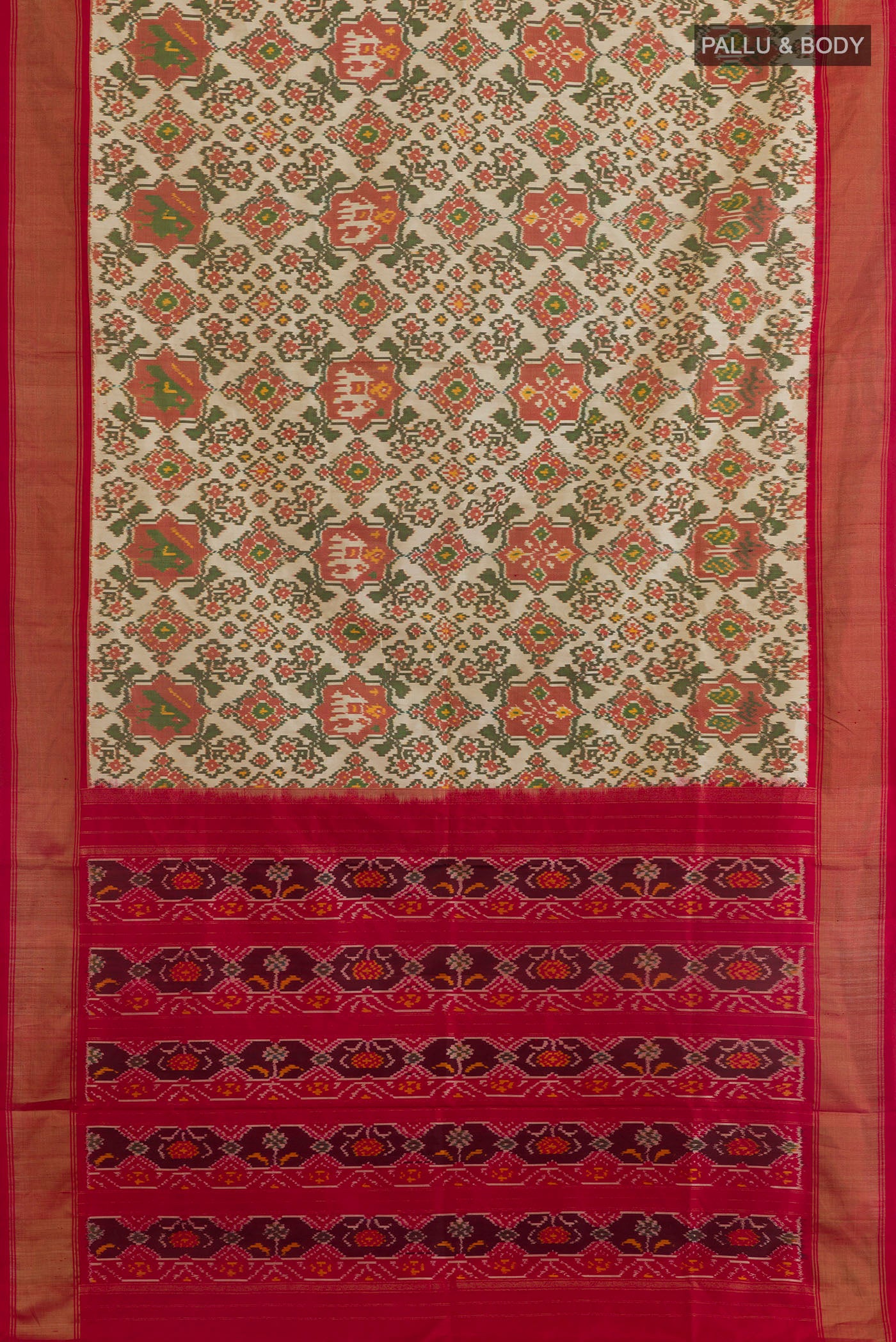 Flat view of Off White Pochampally Silk Saree with Ikat design on the body and Zari Border. 