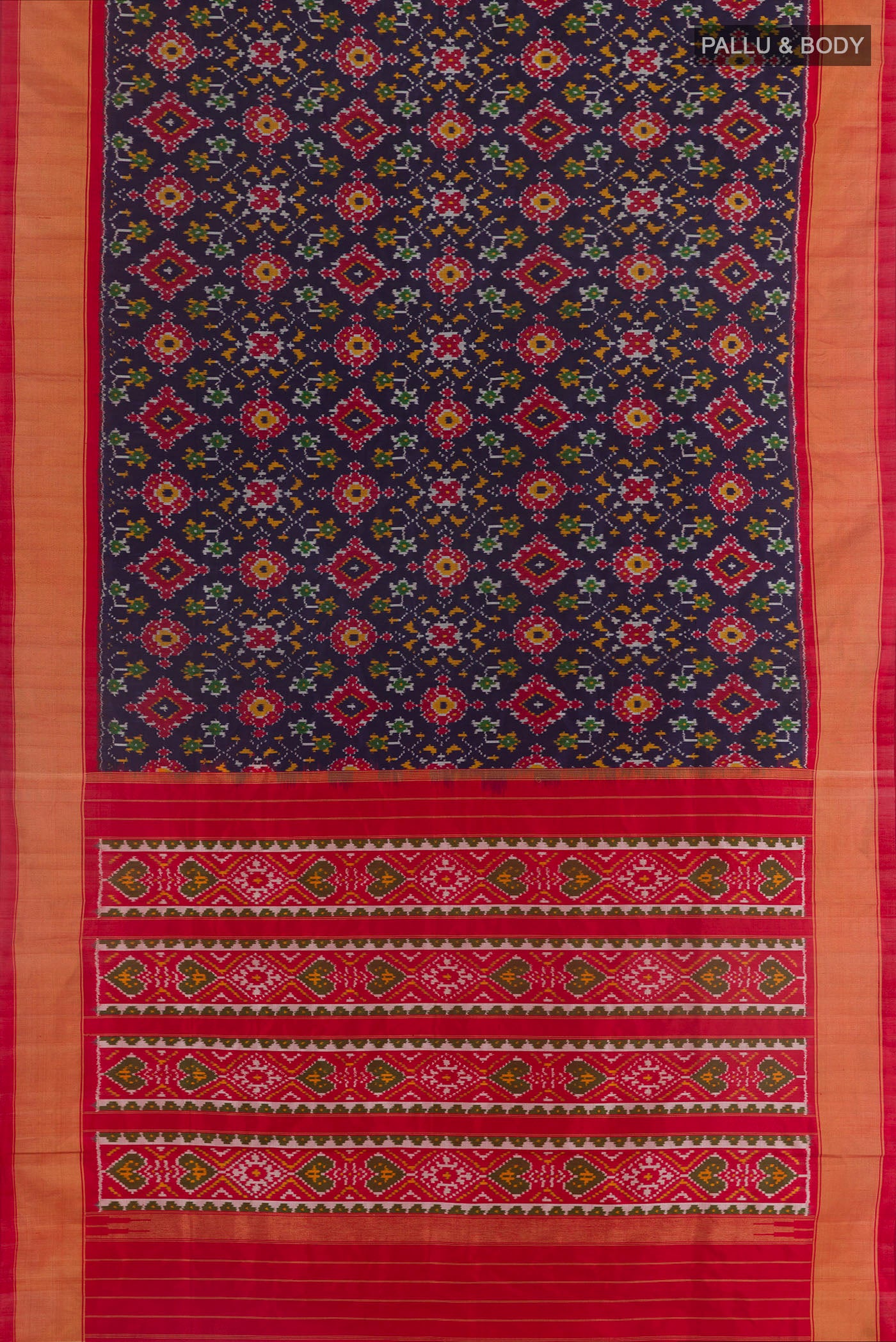 Flat view of Navy Blue Pochampally Silk Saree with Pure Ikat on the body and Zari Border. 